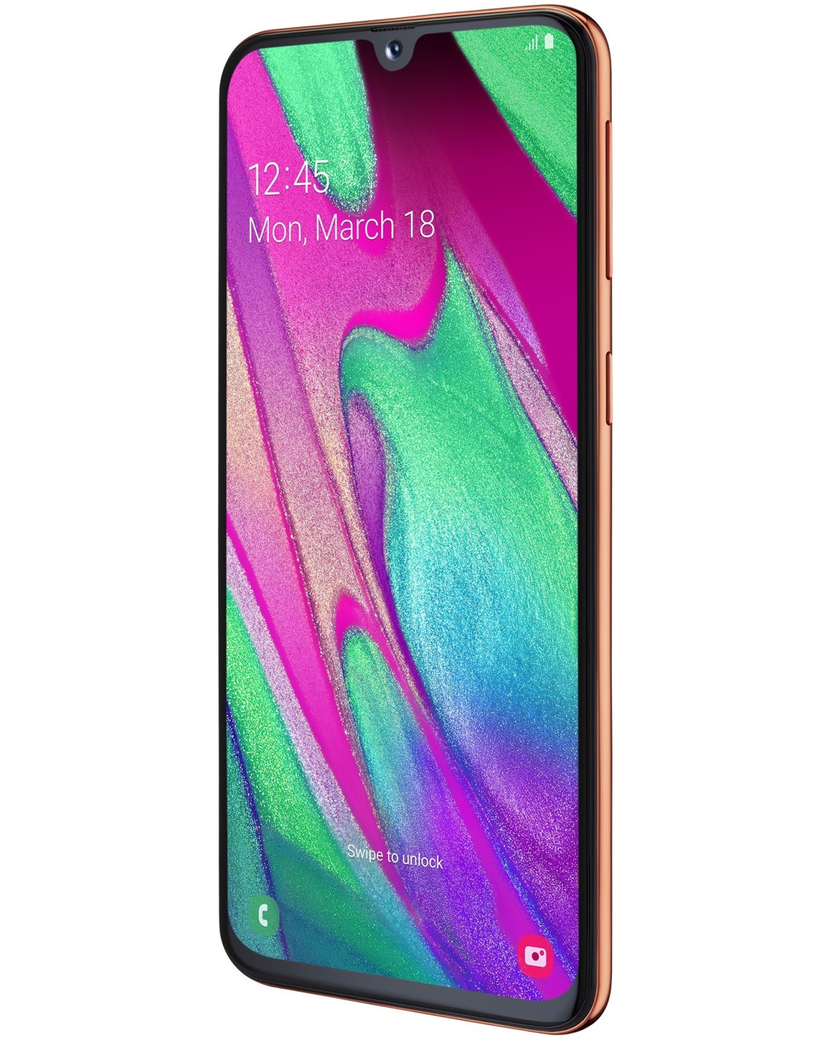 Samsung-Telefon mit farbenfrohem Bildschirm, goldenem Rahmen und Datumsanzeige.