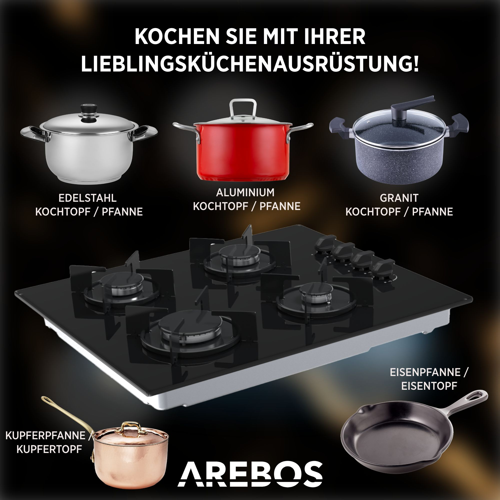 Verschiedene Küchenartikel: Edelstahl-, rote und Granittöpfe. Ein Glaskochfeld und eine Pfanne.