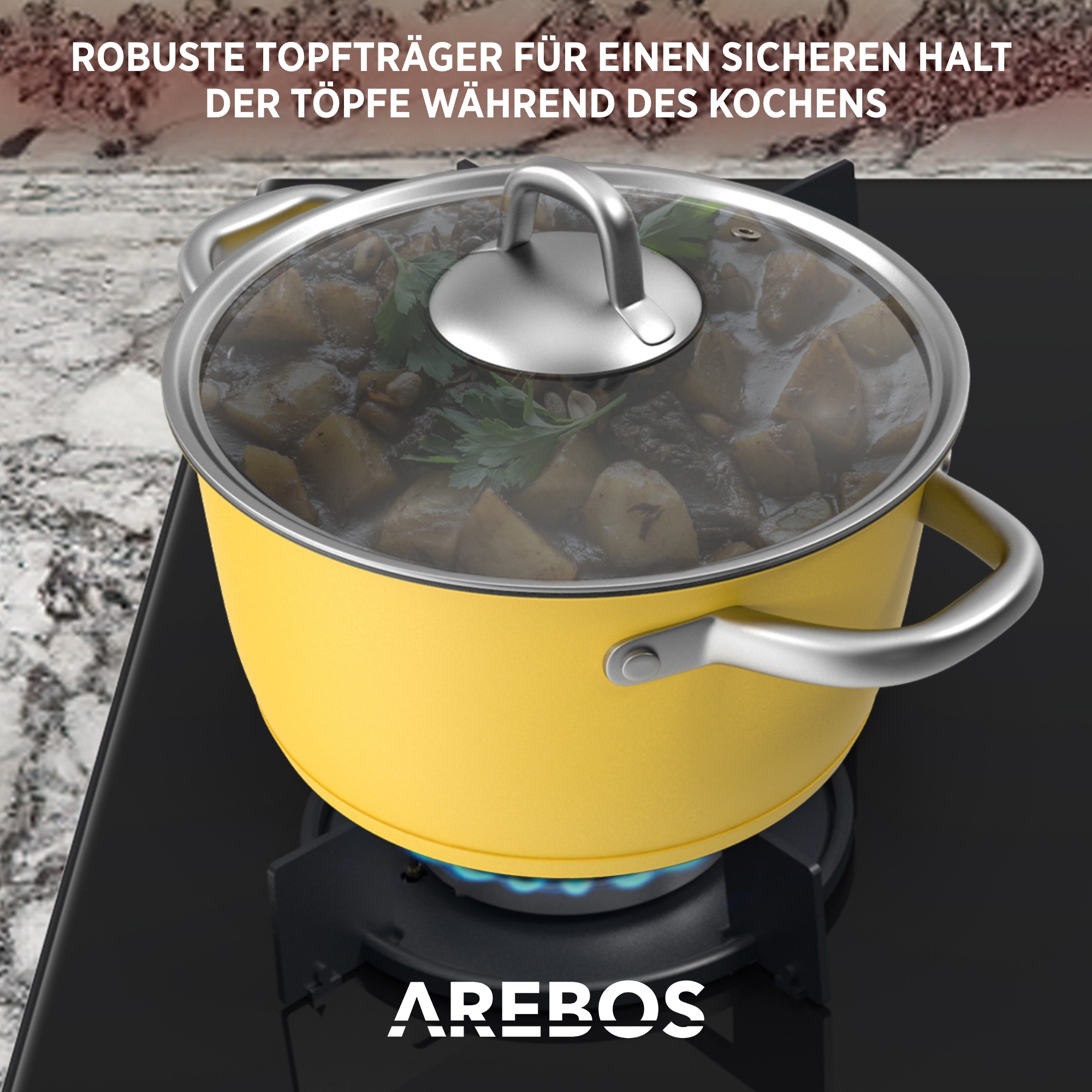 Gelber Topf mit Glasdeckel auf einem schwarzen Herd. Er enthält Essen.