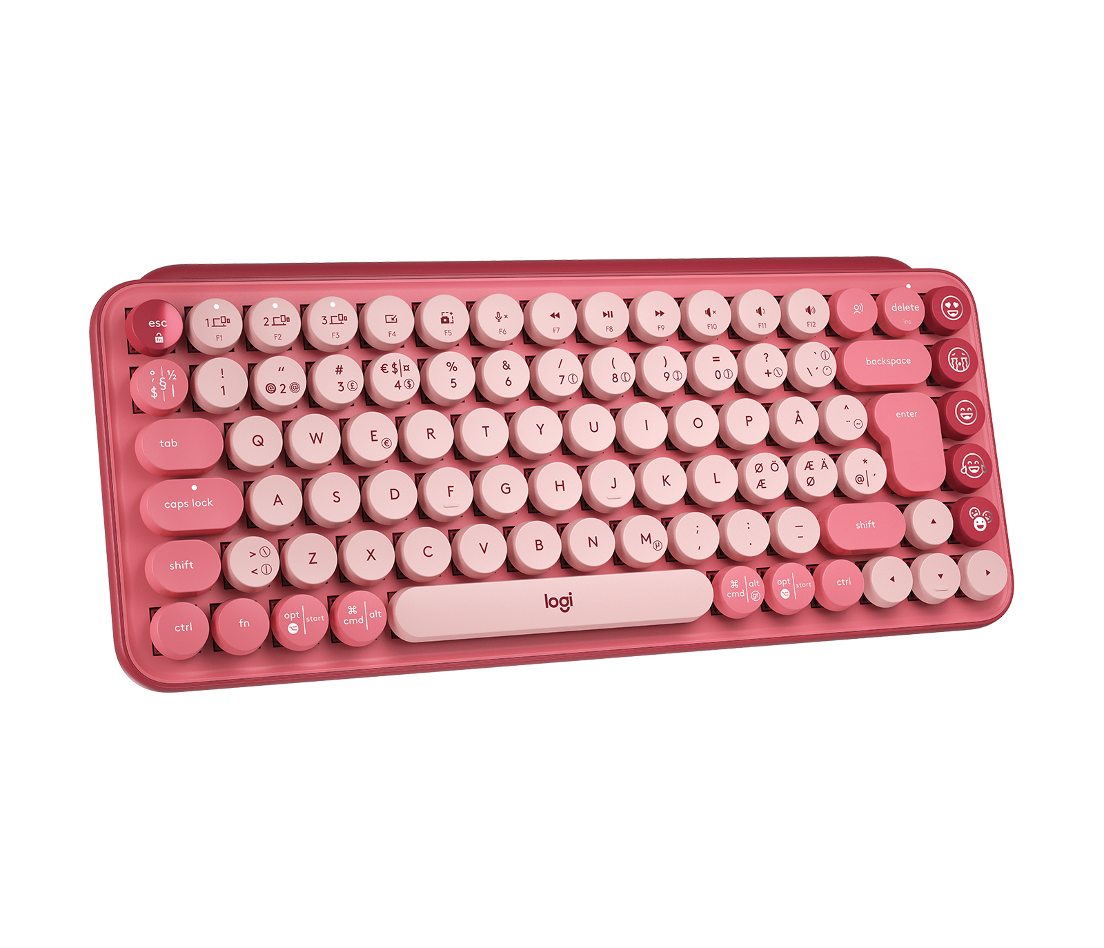 Una tastiera Logitech rosa con tasti arrotondati su sfondo bianco.