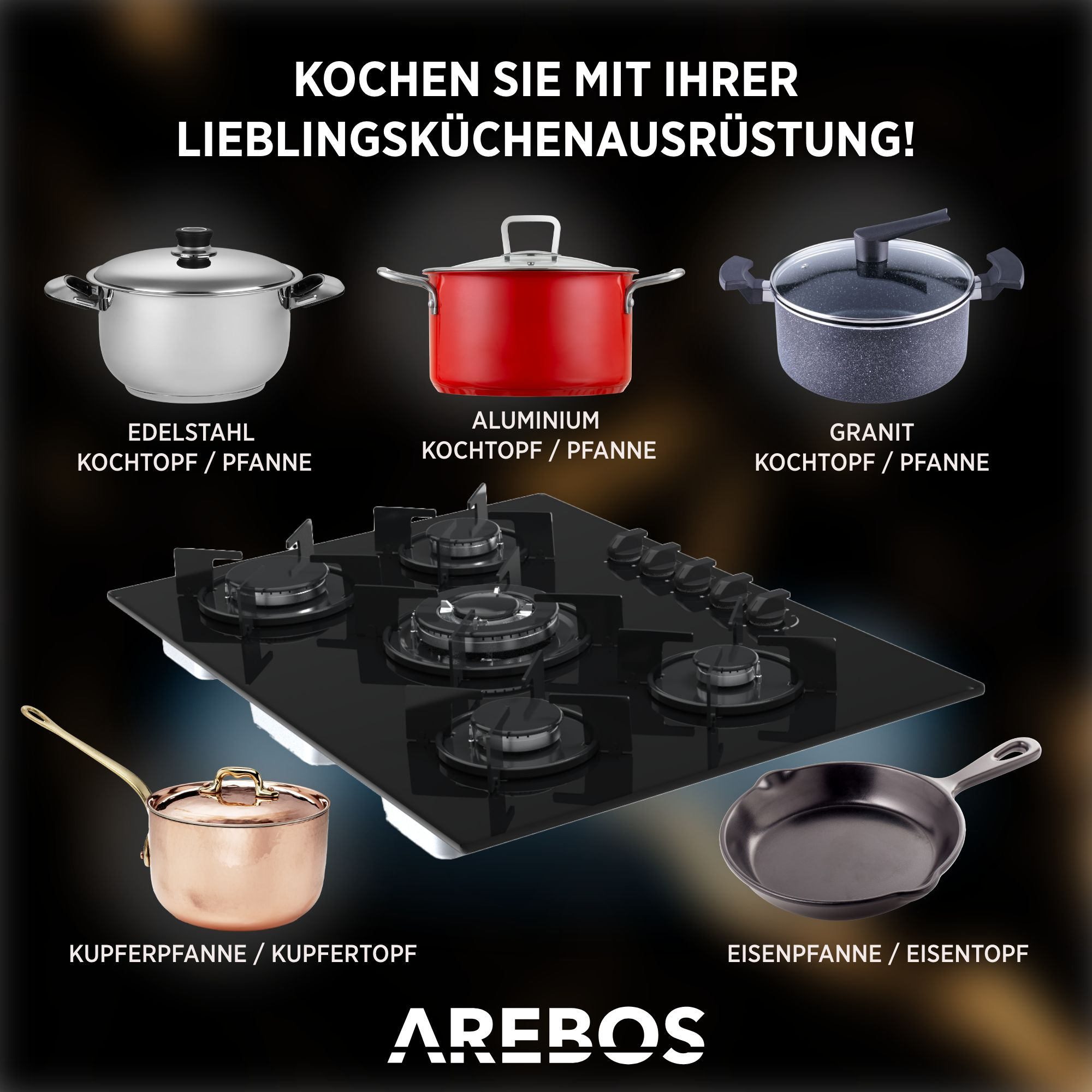 Verschiedene Kochtöpfe auf einem Glaskeramikkochfeld mit Text darüber, darunter Edelstahl, Kupfer und Granit.