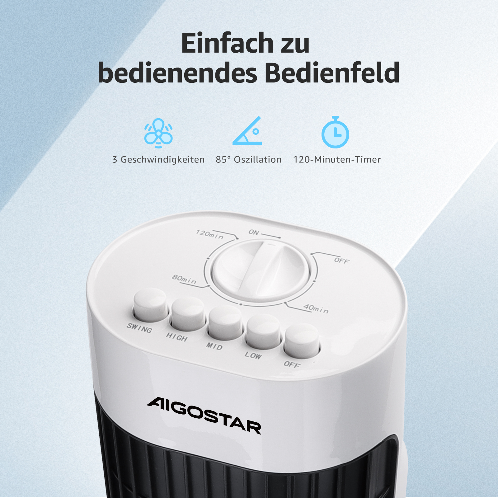 Weißes und schwarzes Lüfterbedienfeld mit Tasten und Text auf Deutsch.