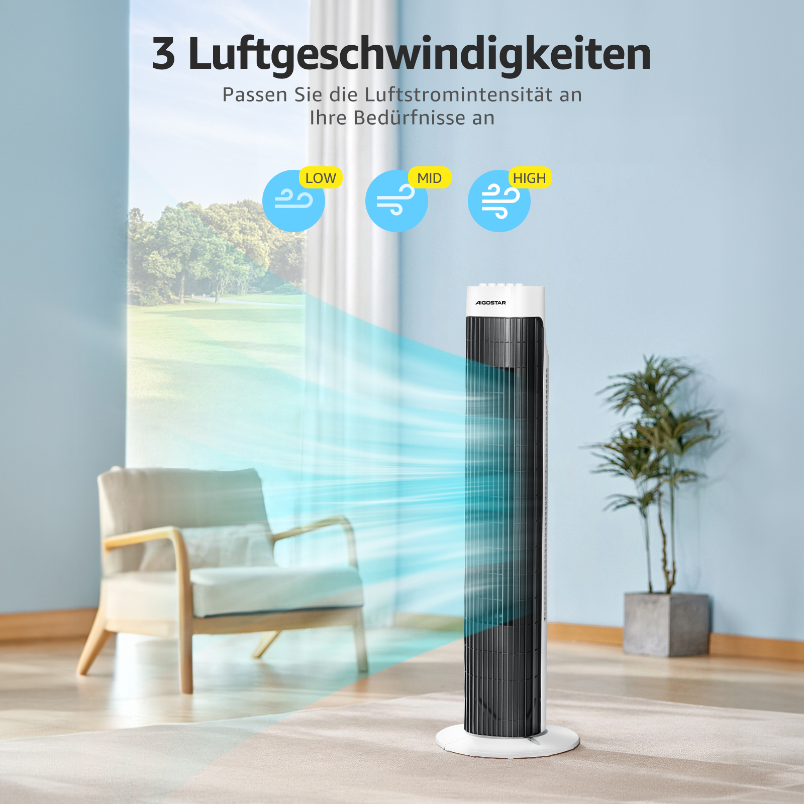 Ein schwarz-weißer Turmventilator mit blauem Licht und Text über den Luftstrom.