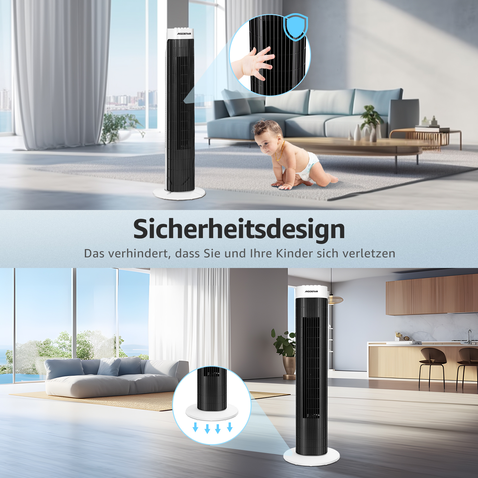 Zwei schwarze Turmventilatoren, einer in Betrieb, Baby krabbelt darauf zu.