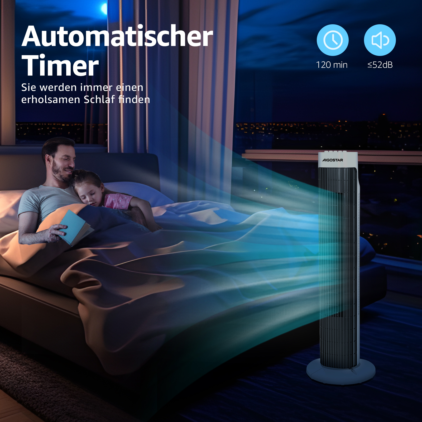 Ein Mann liest einem schlafenden Kind vor. Ein Turmventilator ist im Hintergrund. Text: Automatischer Timer.