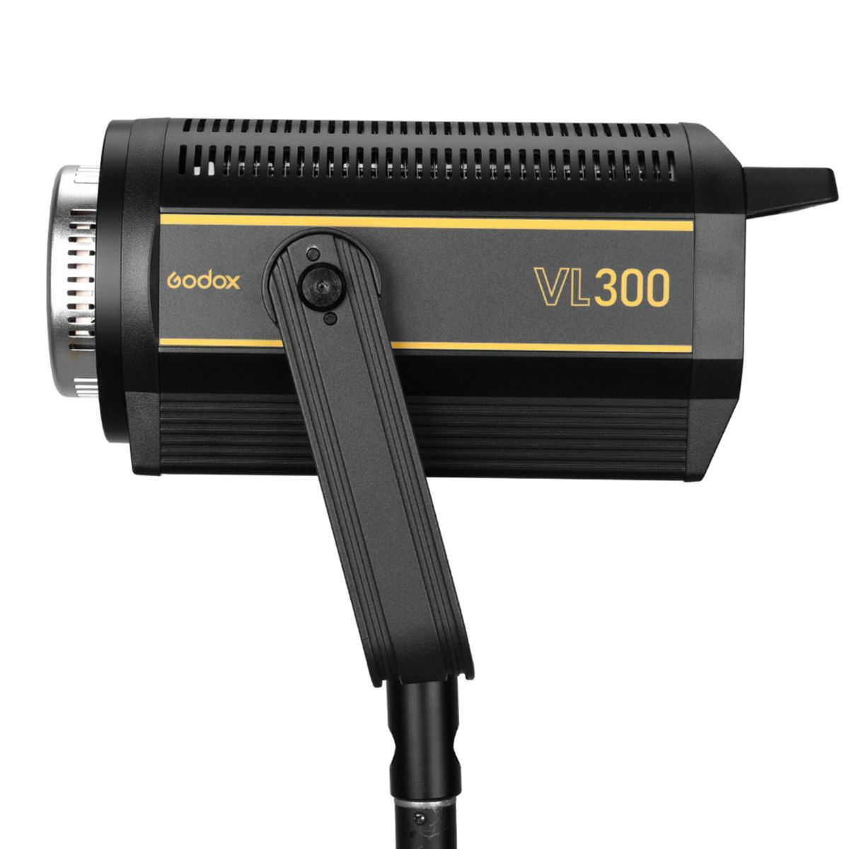 Eine schwarz-gelbe Godox VL300 LED-Videoleuchte. Es ist eine kompakte Leuchte mit Stativhalterung.