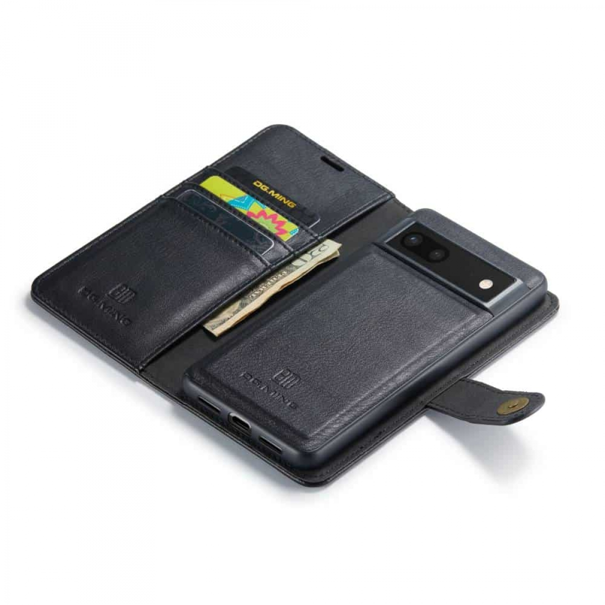 Schwarze Handyhülle mit einem Telefon darin. Es hat Kartenfächer und einen Geldschlitz.