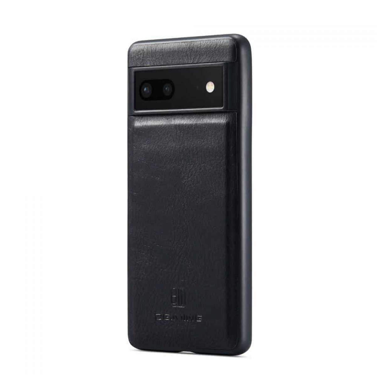 Schwarze Leder-Handyhülle mit schwarzer Kameraleiste und Kante. Es ist eine Pixel-Handyhülle.