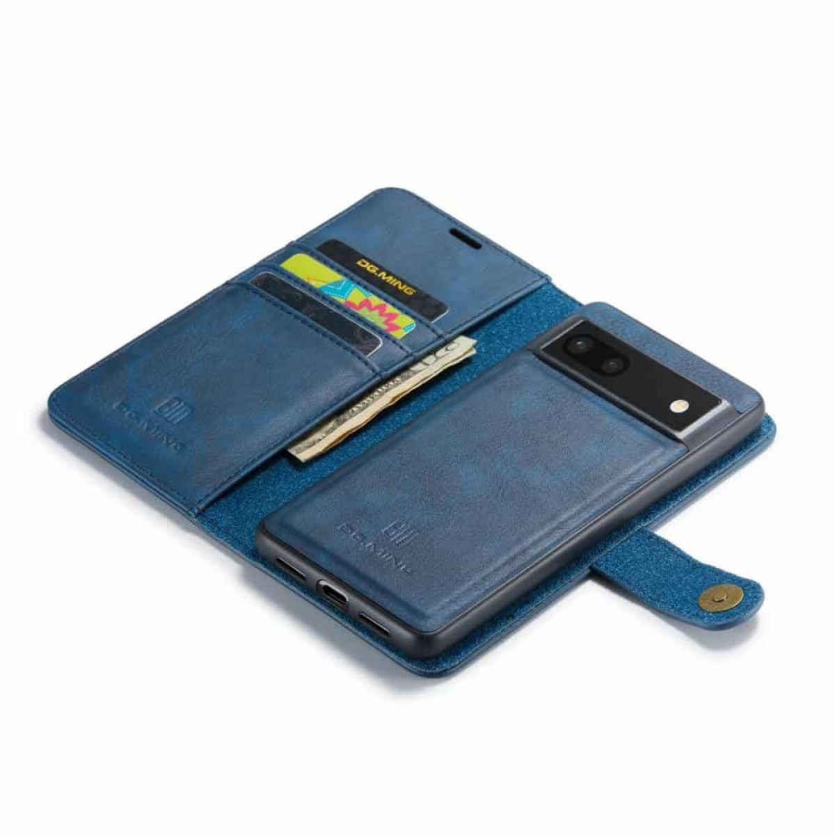 Eine blaue Handyhülle mit einem Telefon darin, geöffnet, um Karten- und Geldfächer zu zeigen.