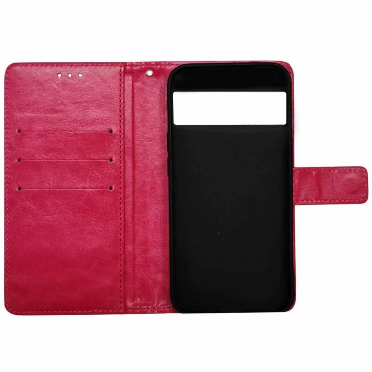 Geöffnete rosa Handyhülle mit Telefon darin. Schwarze Handyhülle mit Kartenfächern links.