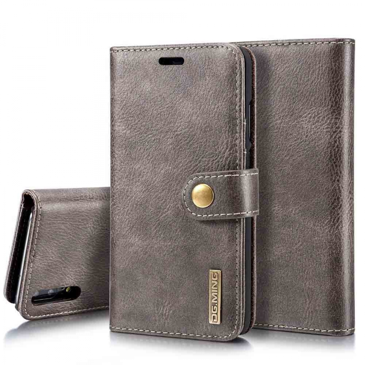 Graue Leder-Handyhülle mit Knopfverschluss und Brieftaschen-Design.
