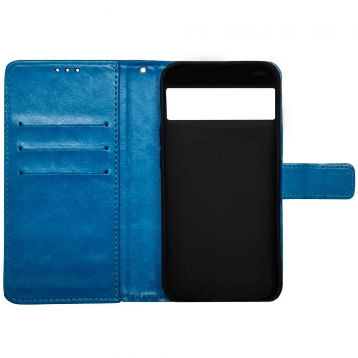 Offene blaue Handyhülle mit schwarzem Telefonhalter. Im Inneren befinden sich Kartenfächer.