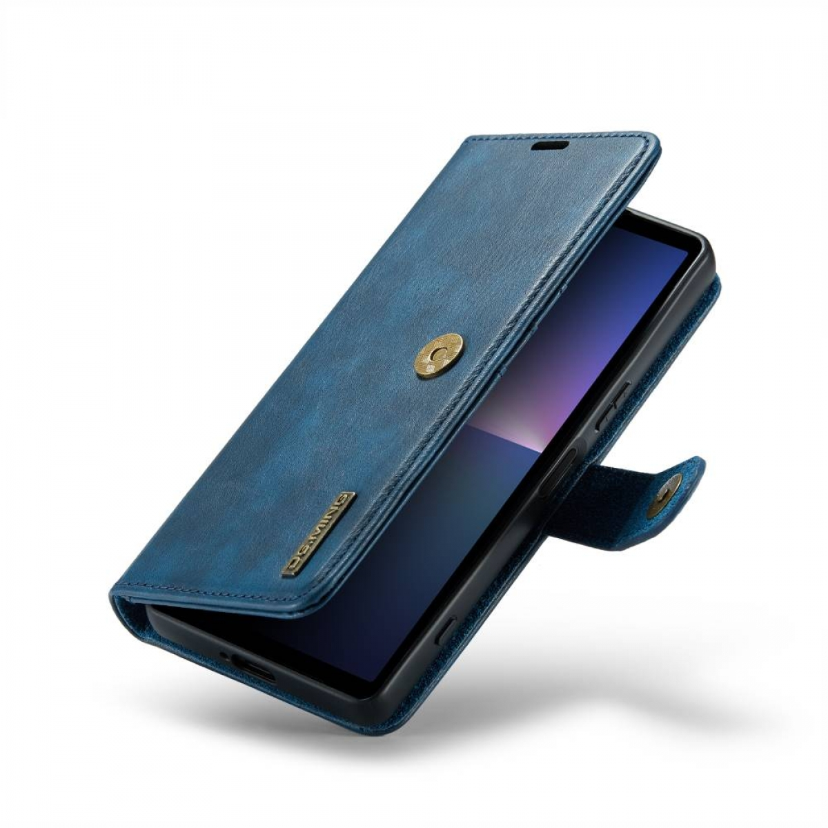 Eine geschlossene blaue Telefonhülle mit Magnetverschluss. Das Telefon ist durch die Öffnung sichtbar.