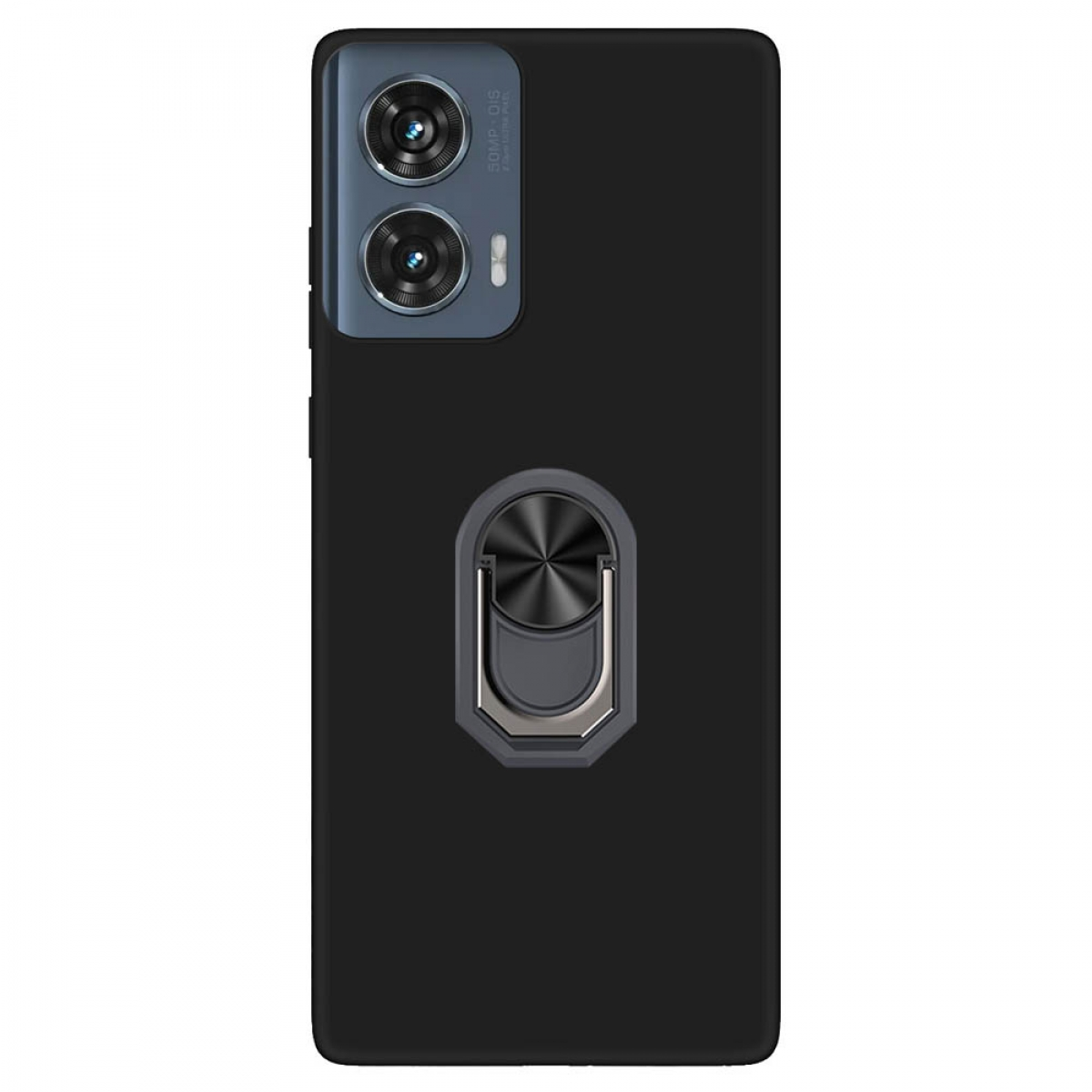 Schwarzes Telefon mit Ringhalter. Doppelkameras sind sichtbar.