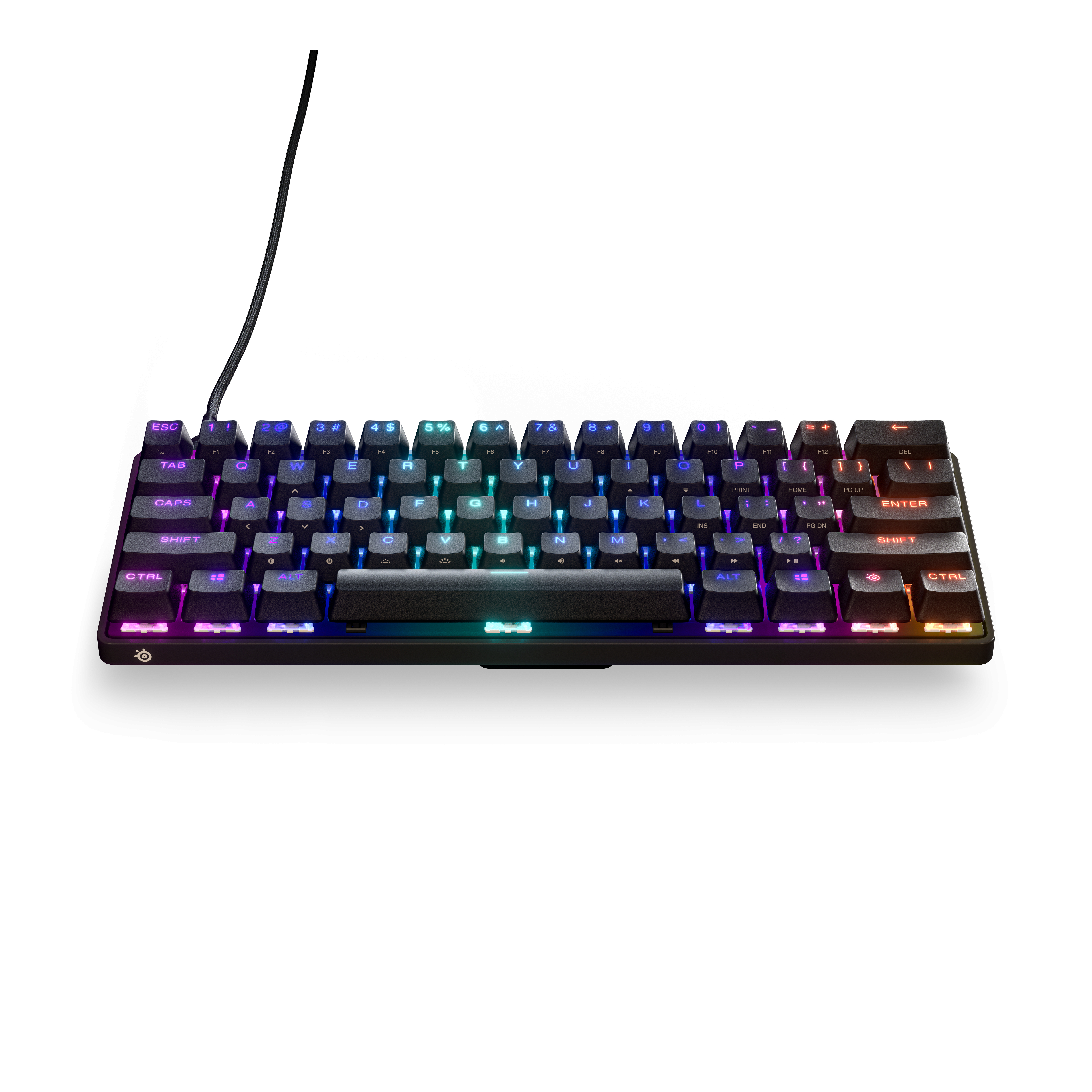 Teclado negro con retroiluminación colorida y teclas negras.