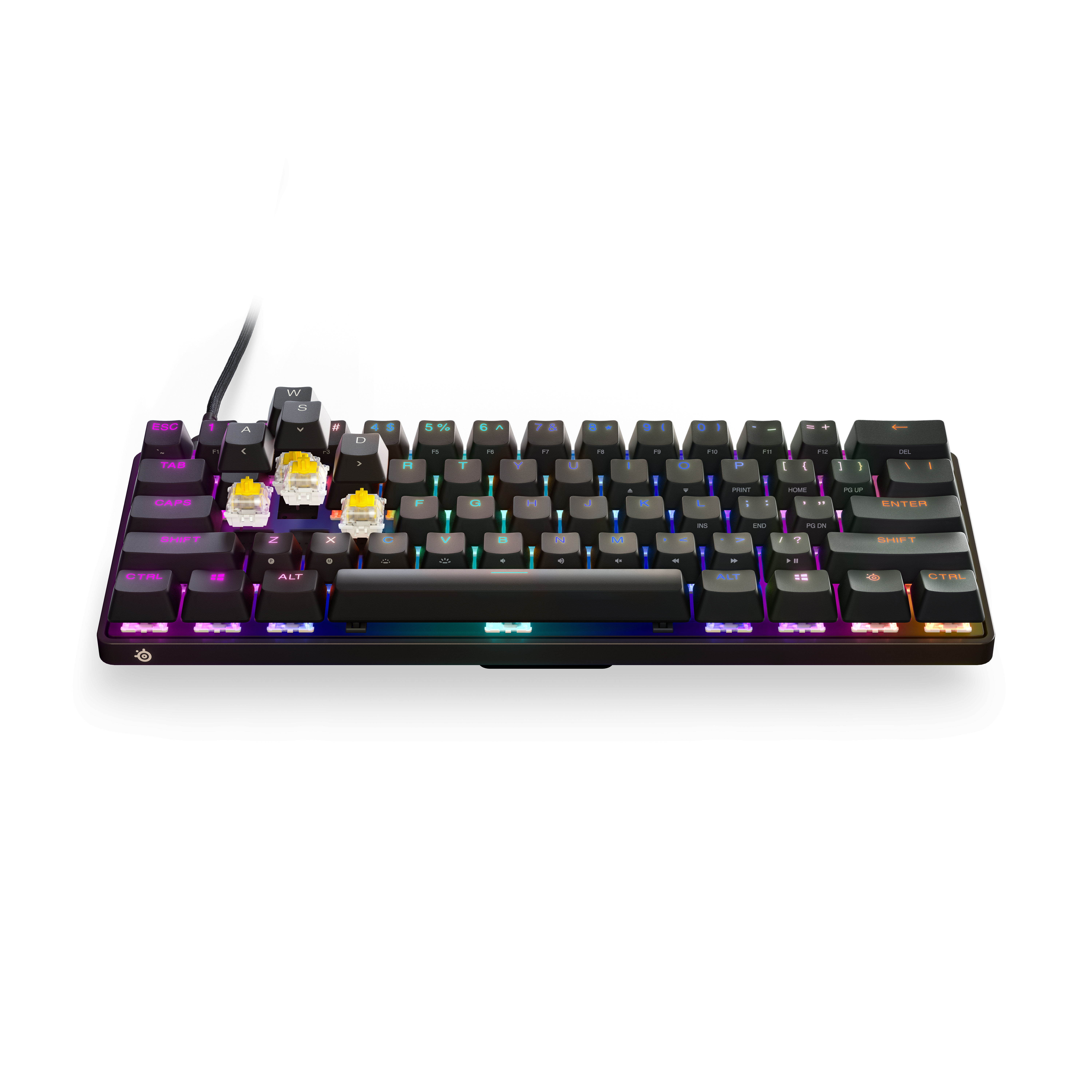 Teclado mecánico con teclas coloridas, que muestra el reemplazo del interruptor.
