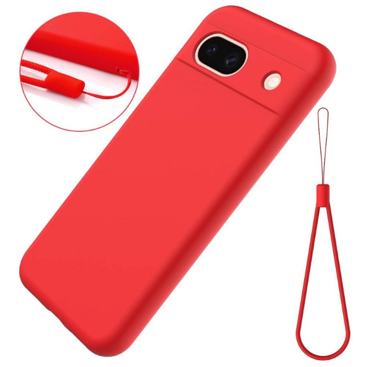 Eine rote Handyhülle mit roter Handschlaufe. Die Hülle befindet sich auf weißem Hintergrund.