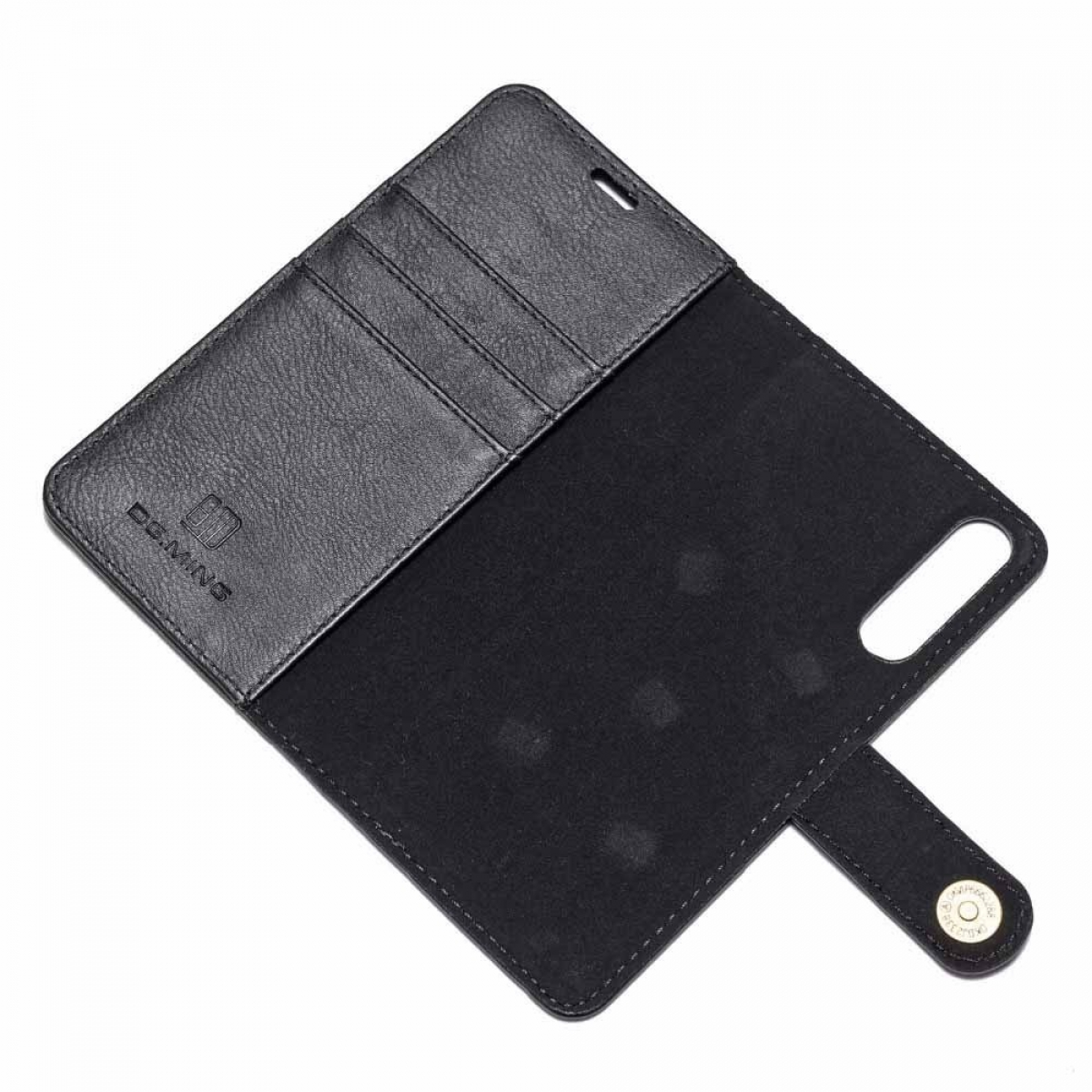 Schwarze Leder-Handyhülle, offen, mit Kartenfächern und Magnetverschluss.
