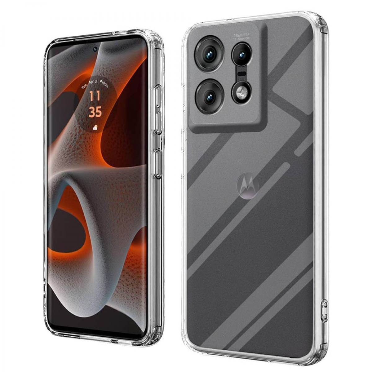 Zwei Smartphones mit transparenten Hüllen. Eines zeigt die Vorderseite, das andere die Rückseite mit Kamera.