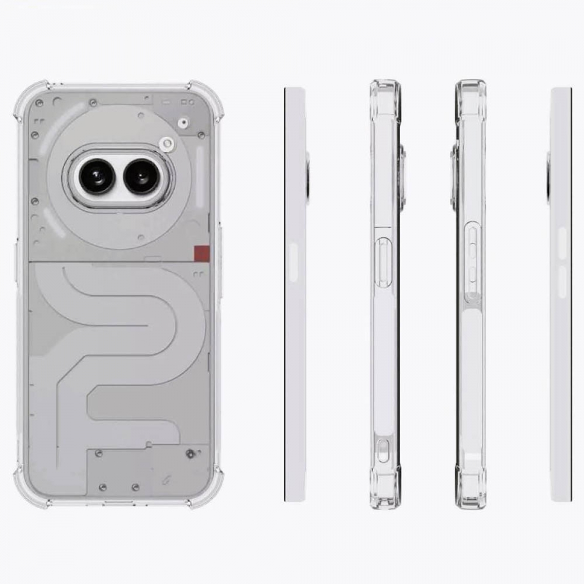 Transparente Handyhülle mit verschiedenen Ansichten des Handydesigns, Kamera und Tasten sichtbar.