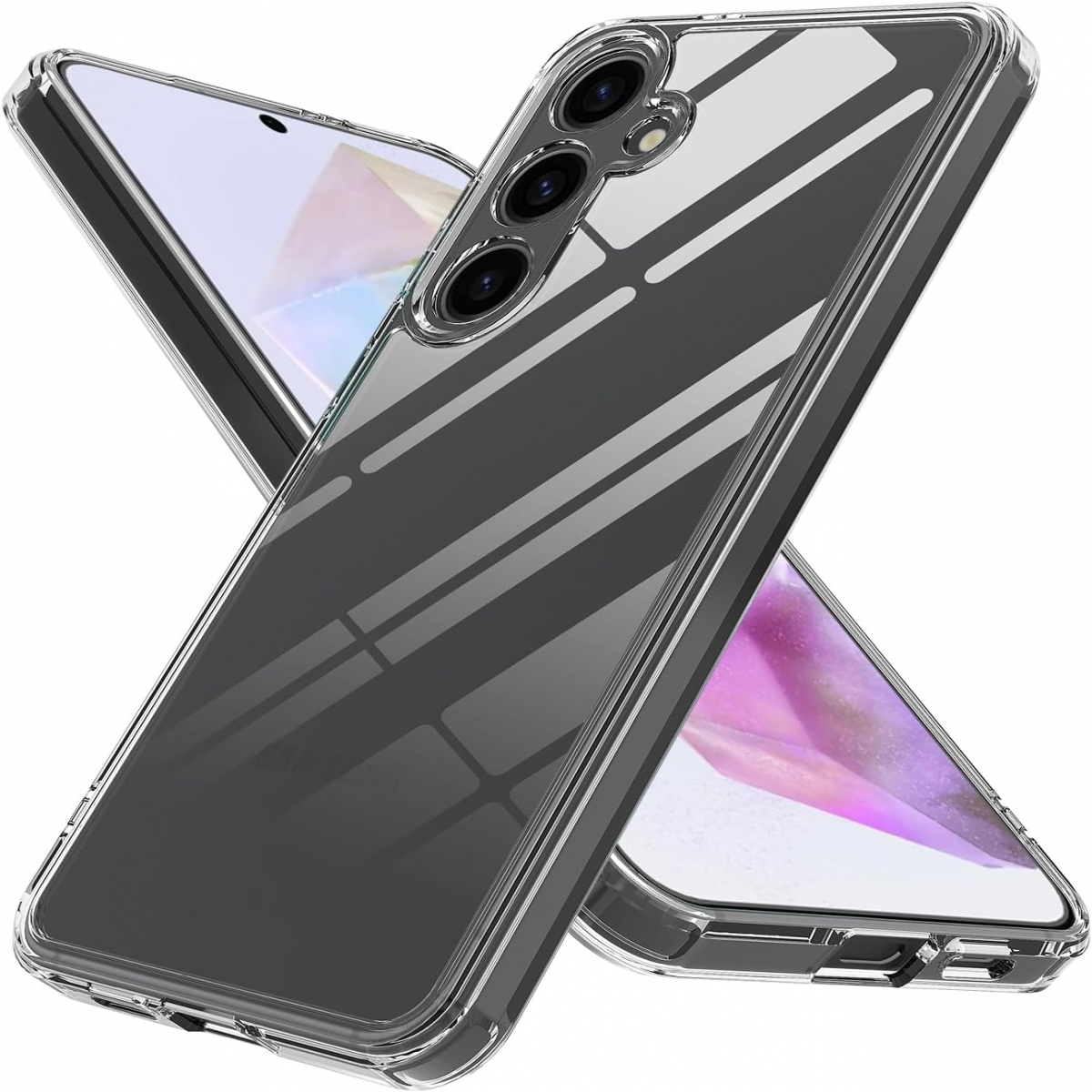 Zwei transparente Handyhüllen zeigen Kamera und Bildschirm eines Telefons mit reflektierender Oberfläche.
