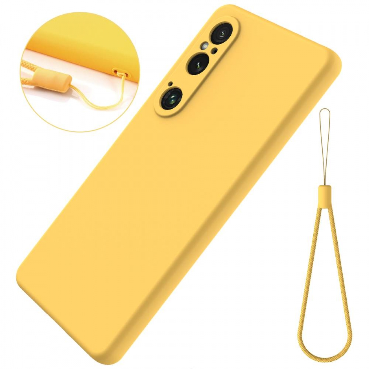 Gelbe Handyhülle mit Schlüsselband und Telefon, heller Hintergrund.