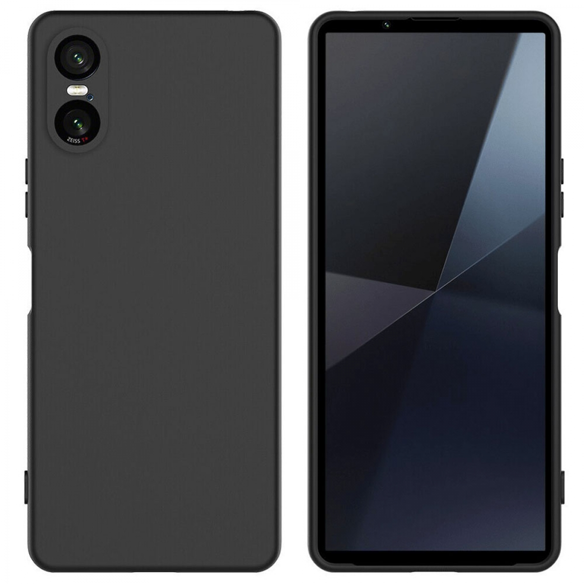Zwei schwarze Telefone, Rückseite und Vorderseite. Beide haben Kameras. Schwarzer Hintergrund.