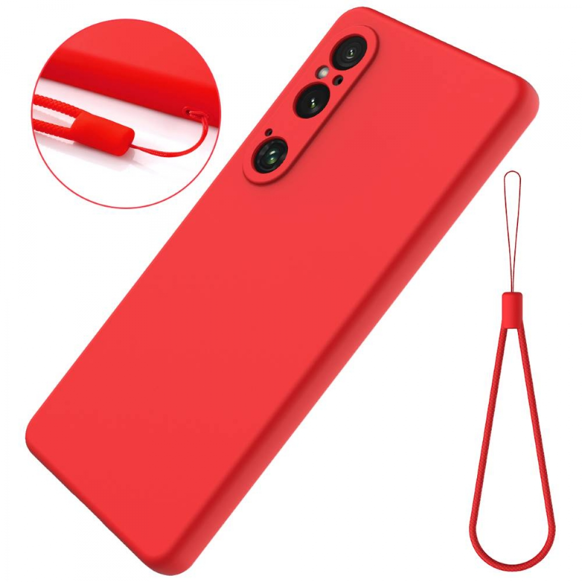 Rote Handyhülle mit Riemen, Telefonkamera. Weißer Hintergrund.