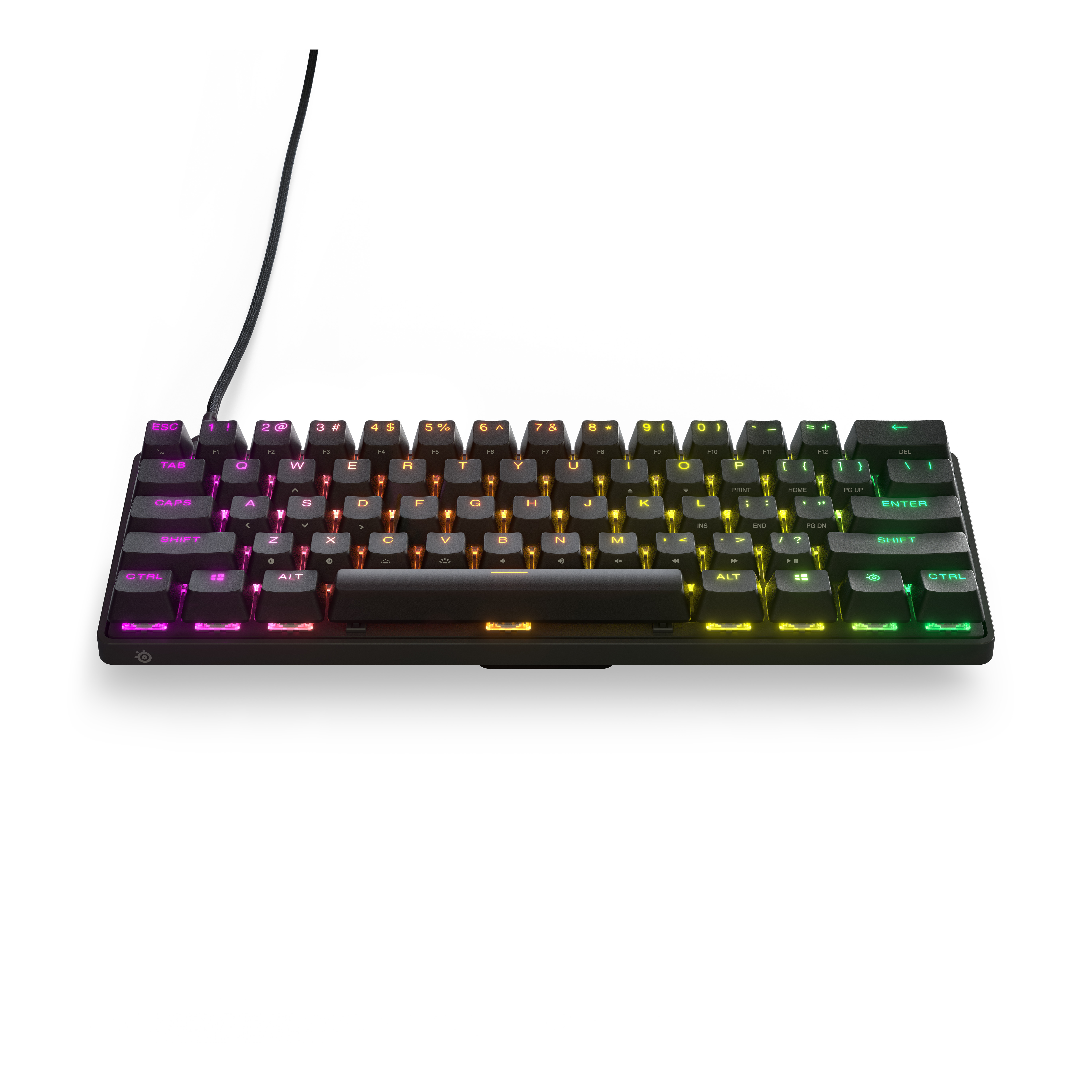 Una tastiera da gioco compatta nera con illuminazione RGB. I tasti sono illuminati in più colori.