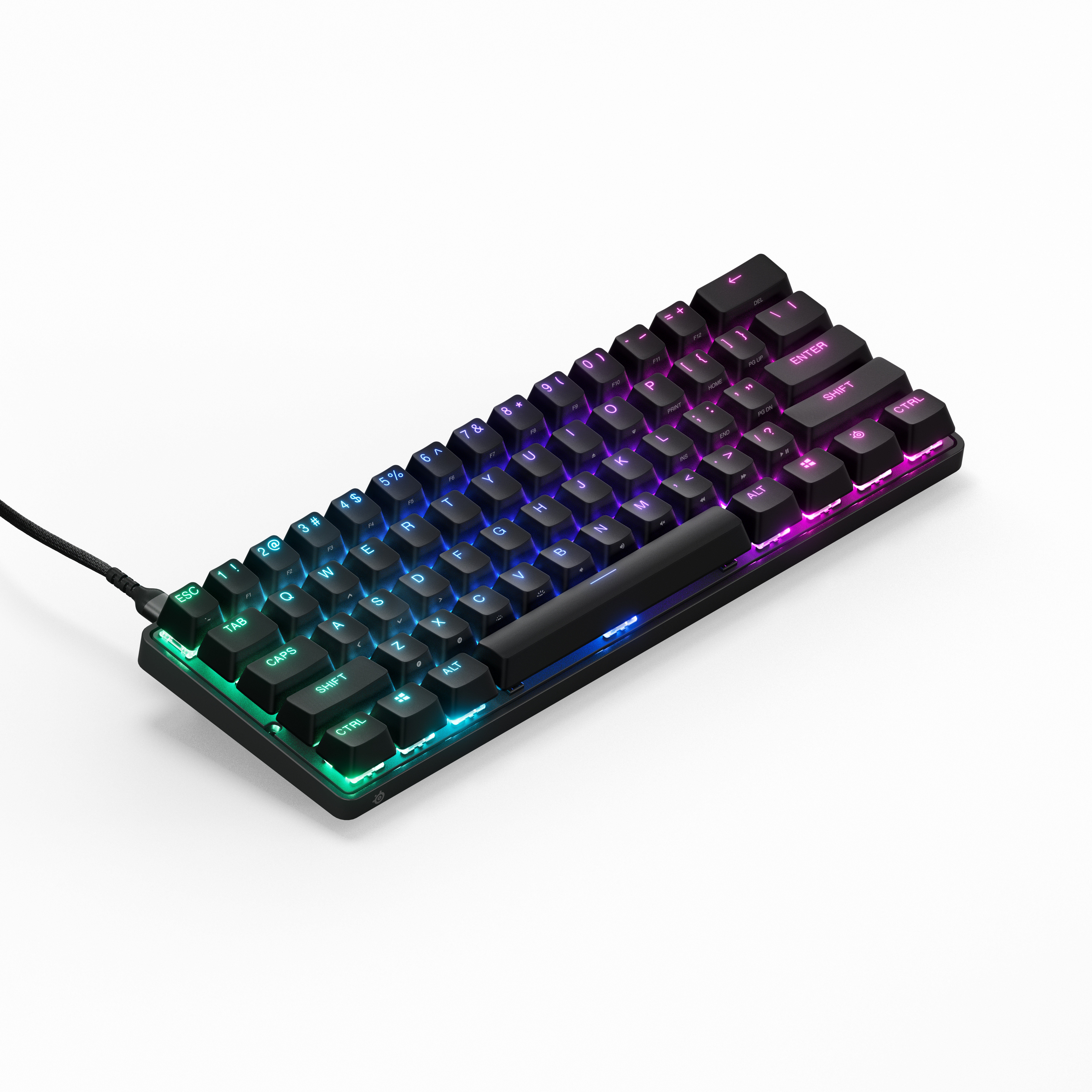 Tastiera meccanica 60% nera con illuminazione RGB e cavo intrecciato.