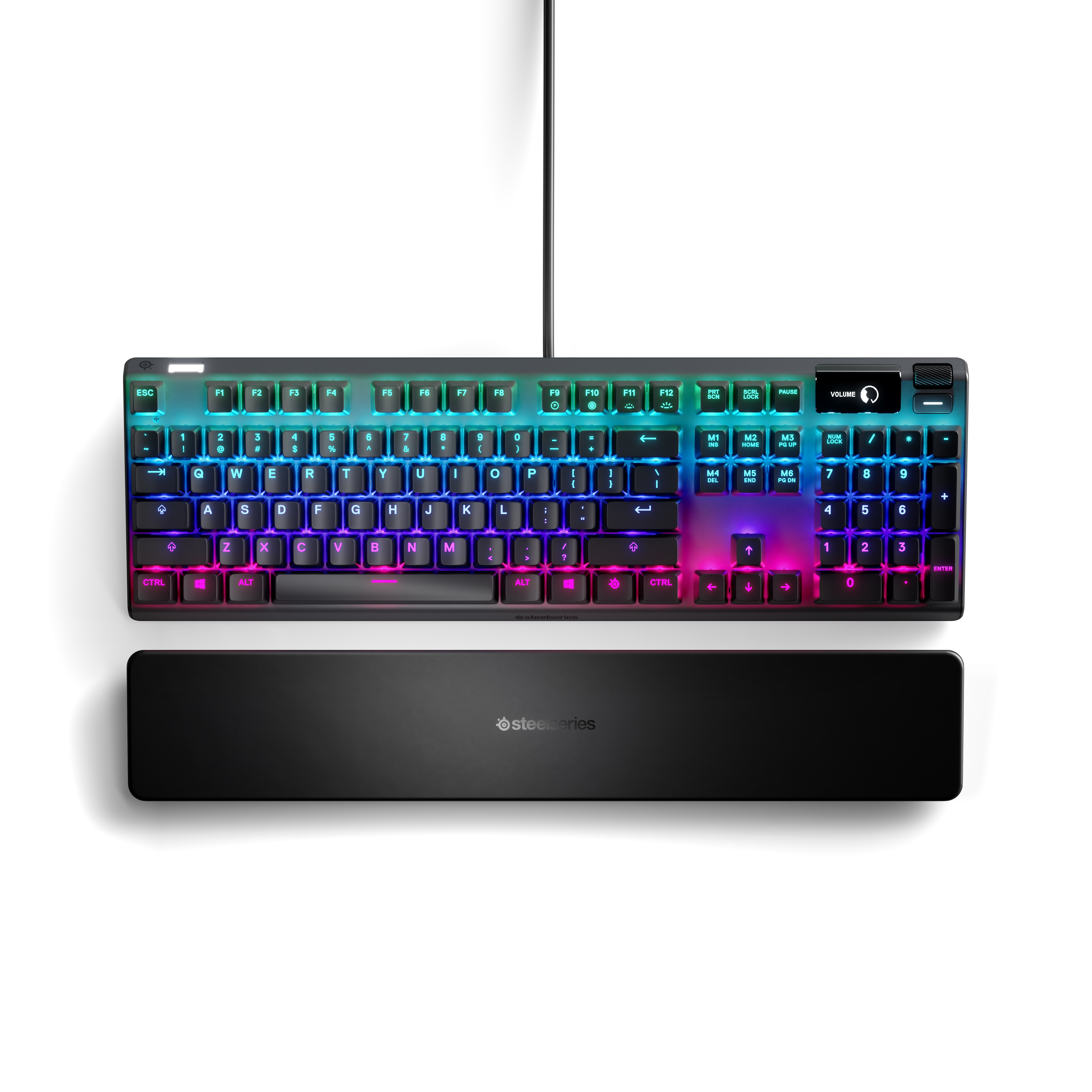 Tastiera retroilluminata RGB con poggiapolsi, tasti multicolore, sfondo nero, vista angolata.