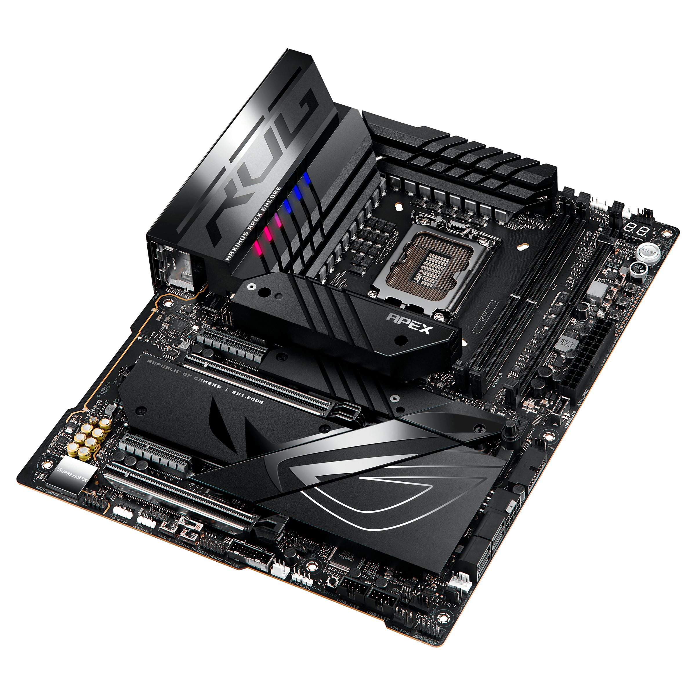 Scheda madre nera con CPU installata. La scheda madre ha più slot e un logo ROG.