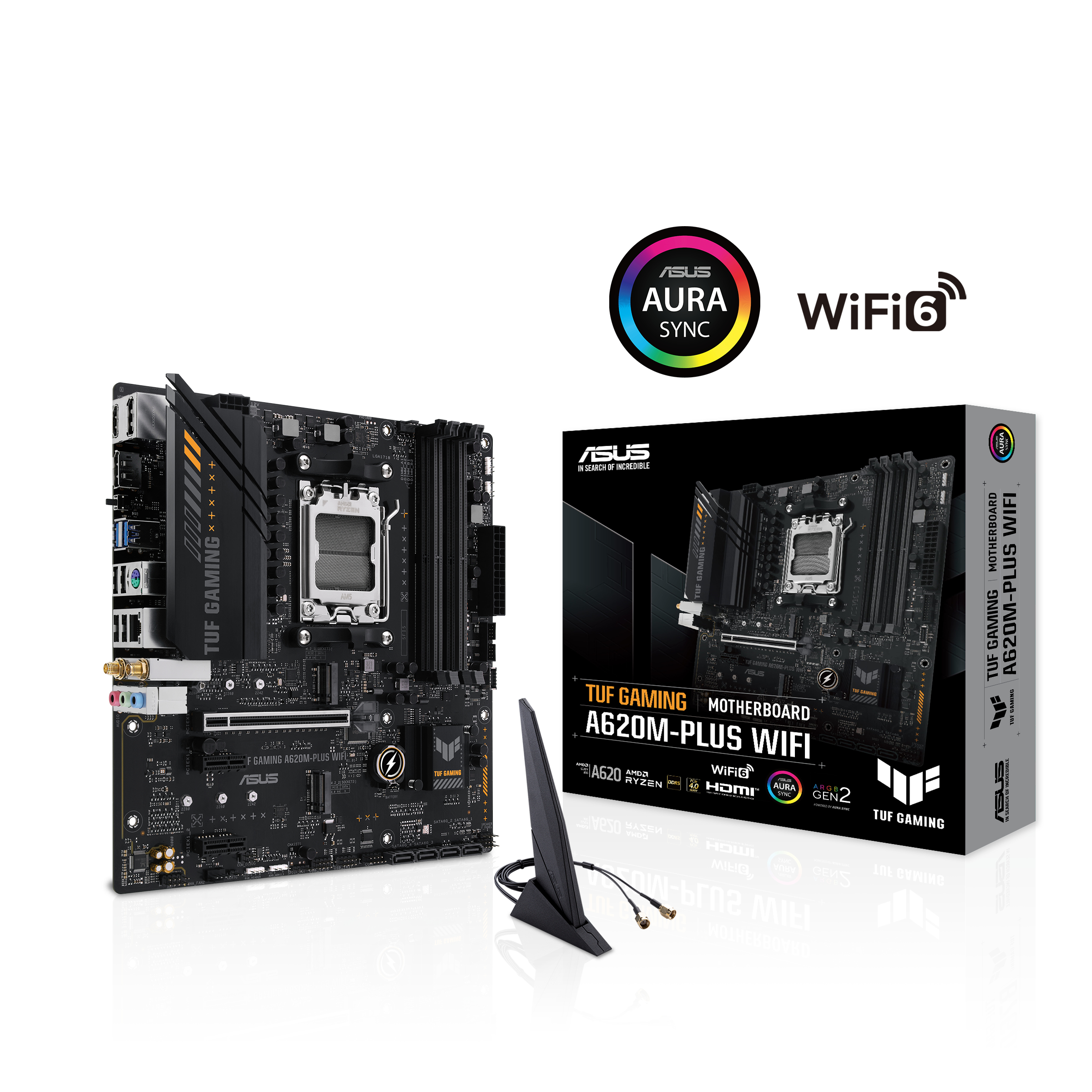 A motherboard and box, with a WiFi antenna. The box shows the motherboard's image.