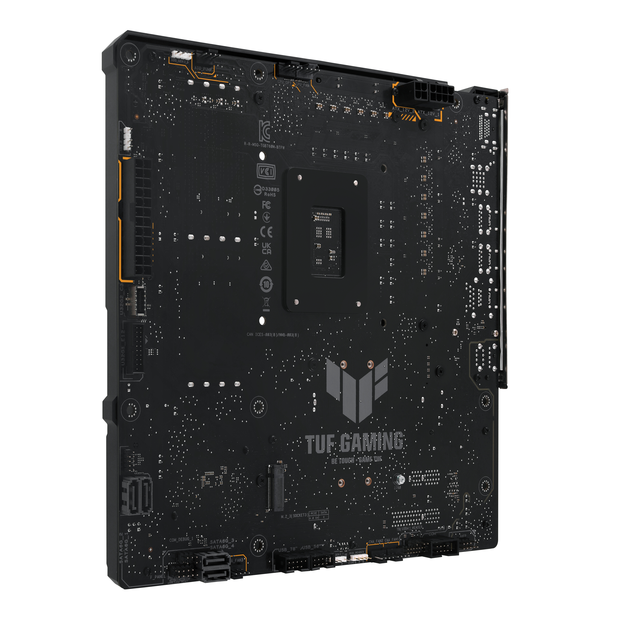 Rückseite eines schwarzen Motherboards mit verschiedenen Anschlüssen, auf weißer Oberfläche.