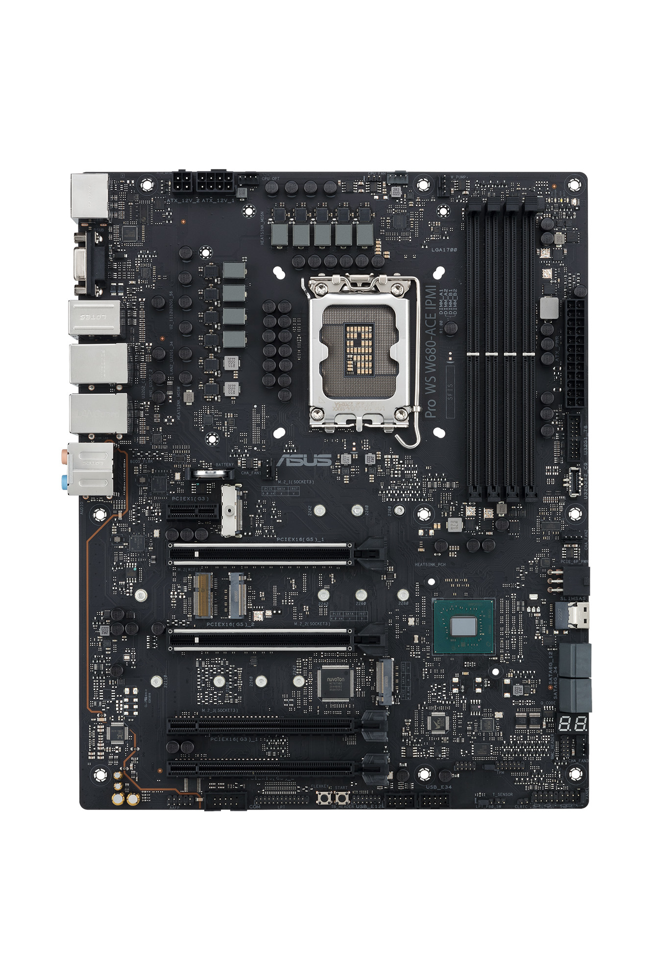 Schwarzes Computer-Motherboard mit verschiedenen Komponenten. Weißer Hintergrund. ASUS-Markenname sichtbar.