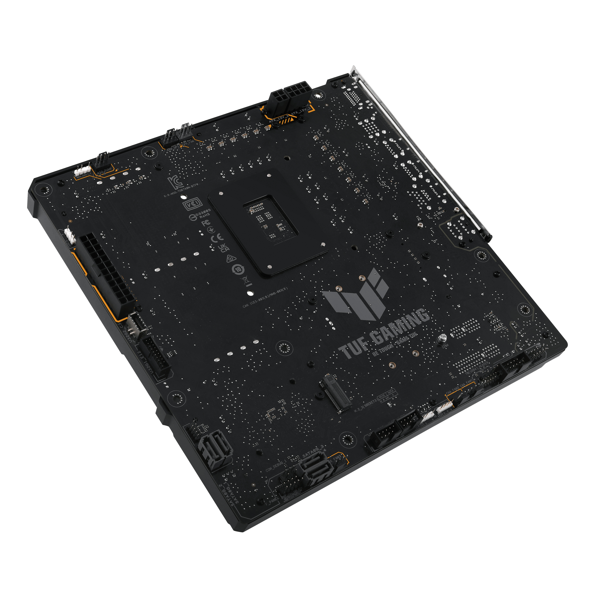 Rückansicht eines schwarzen Computer-Motherboards mit Komponenten und Beschriftung.