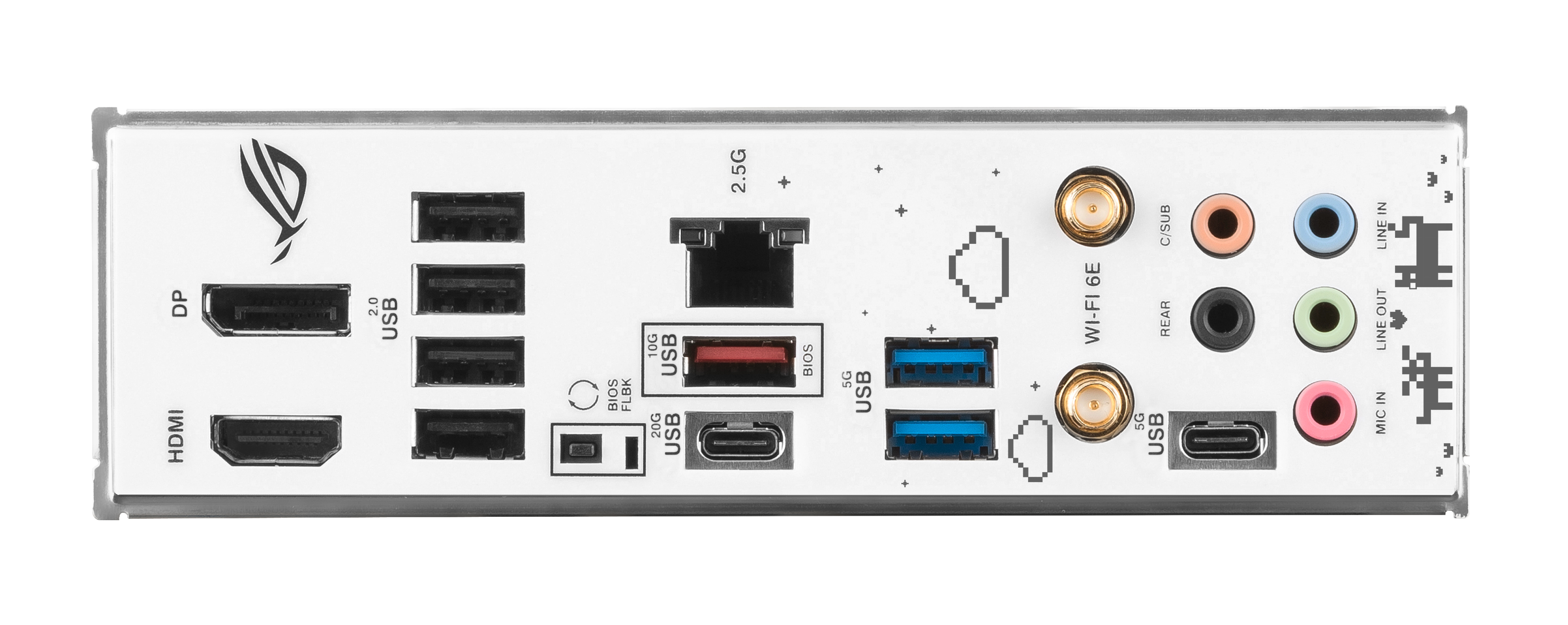 Rear view of a computer motherboard with multiple ports and connectors on a white surface.