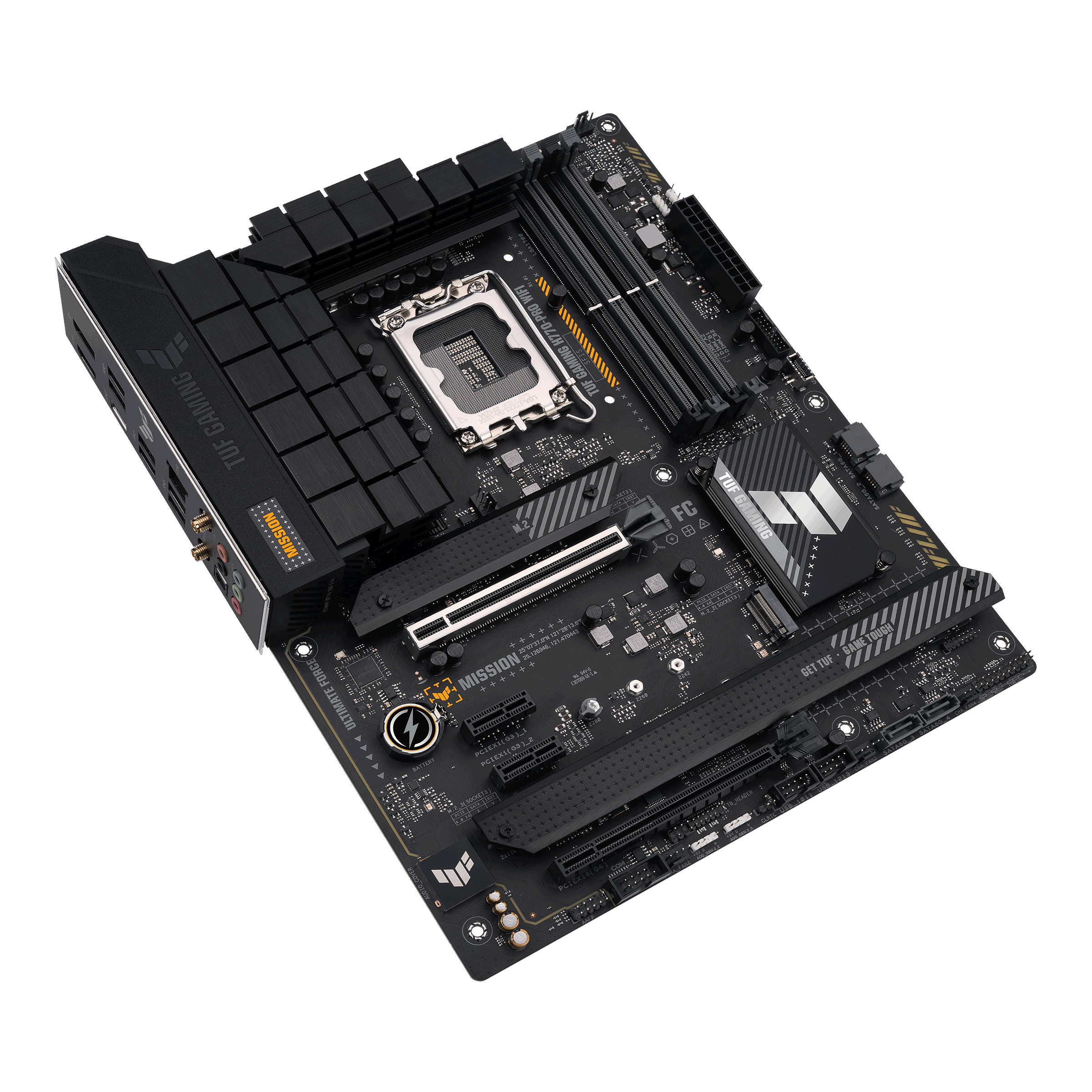 Schwarzes Computer-Motherboard, zeigt verschiedene Komponenten, isoliert auf weißem HG.