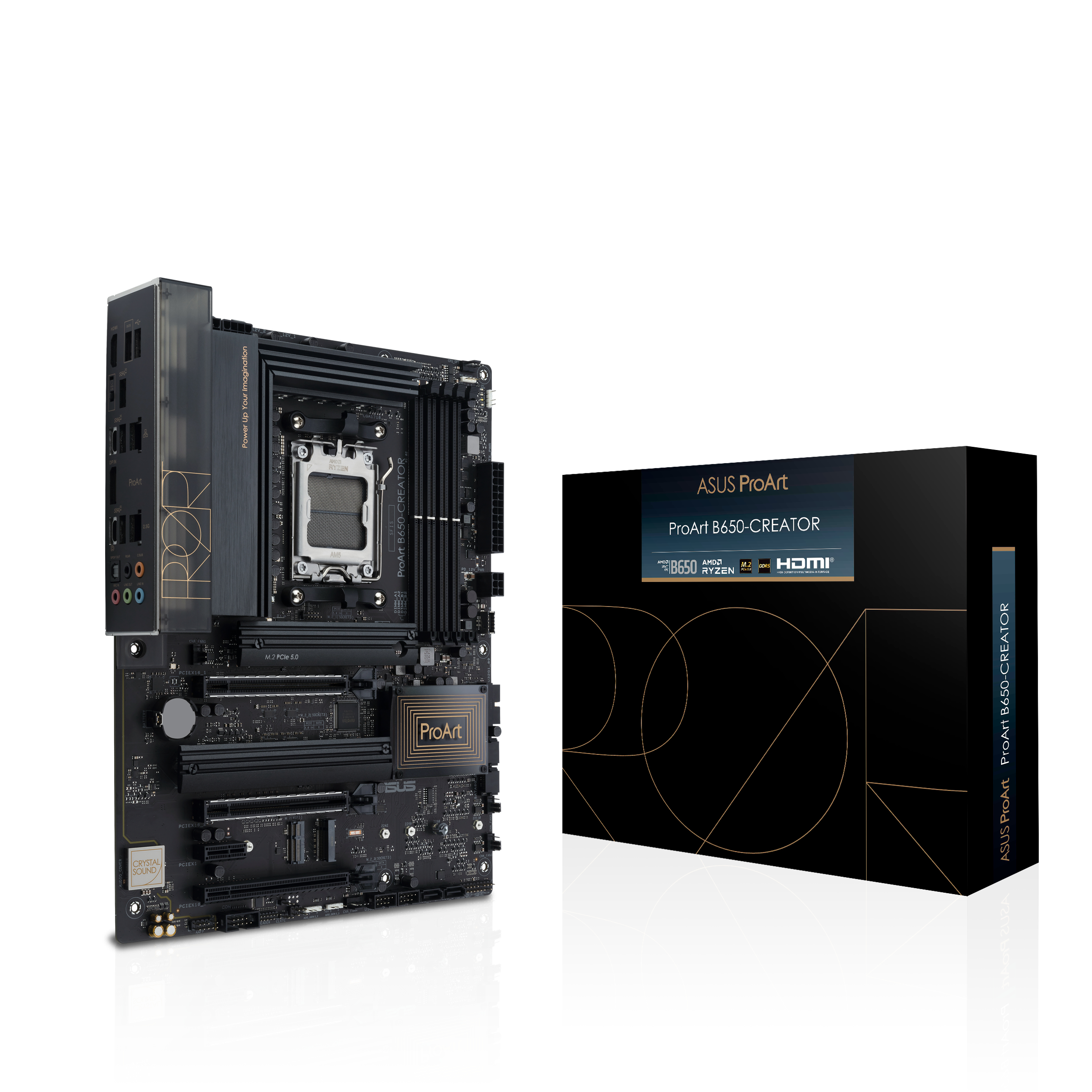 Scheda madre e scatola ASUS ProArt B650-CREATOR. Design nero e oro.