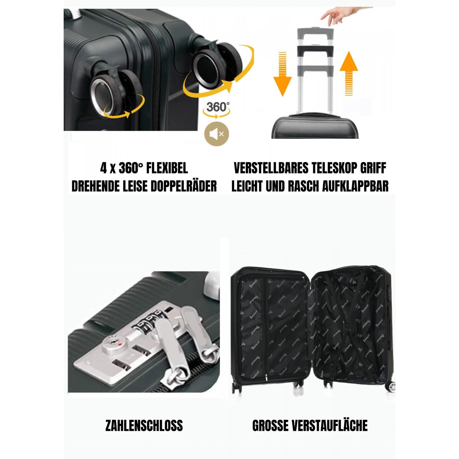 Details eines schwarzen Koffers. Inklusive flexibler Rollen, verstellbarem Griff, Zahlenschloss und Stauraum.