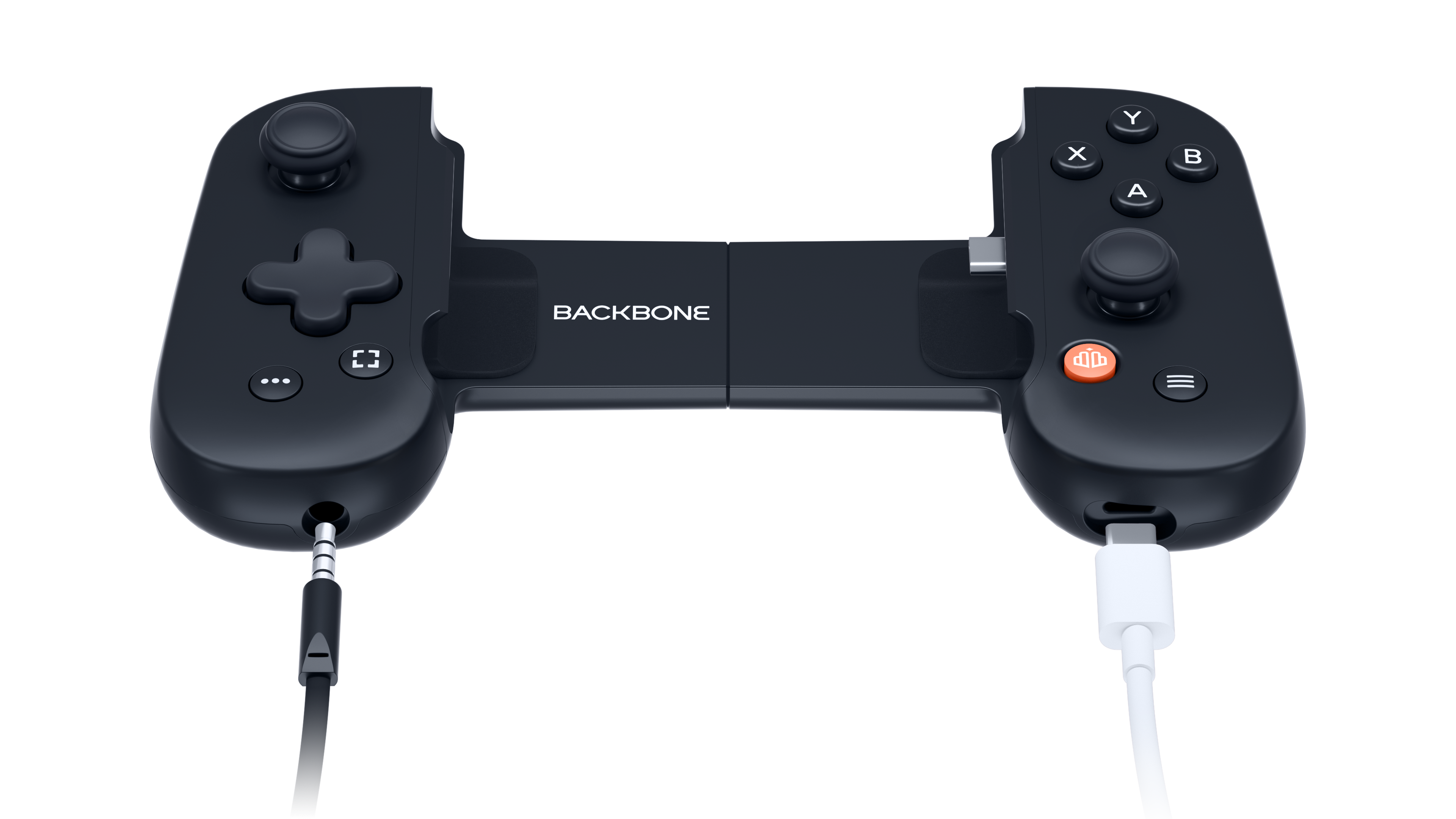 Schwarzer Backbone-Controller mit USB-C- und Kopfhöreranschluss.