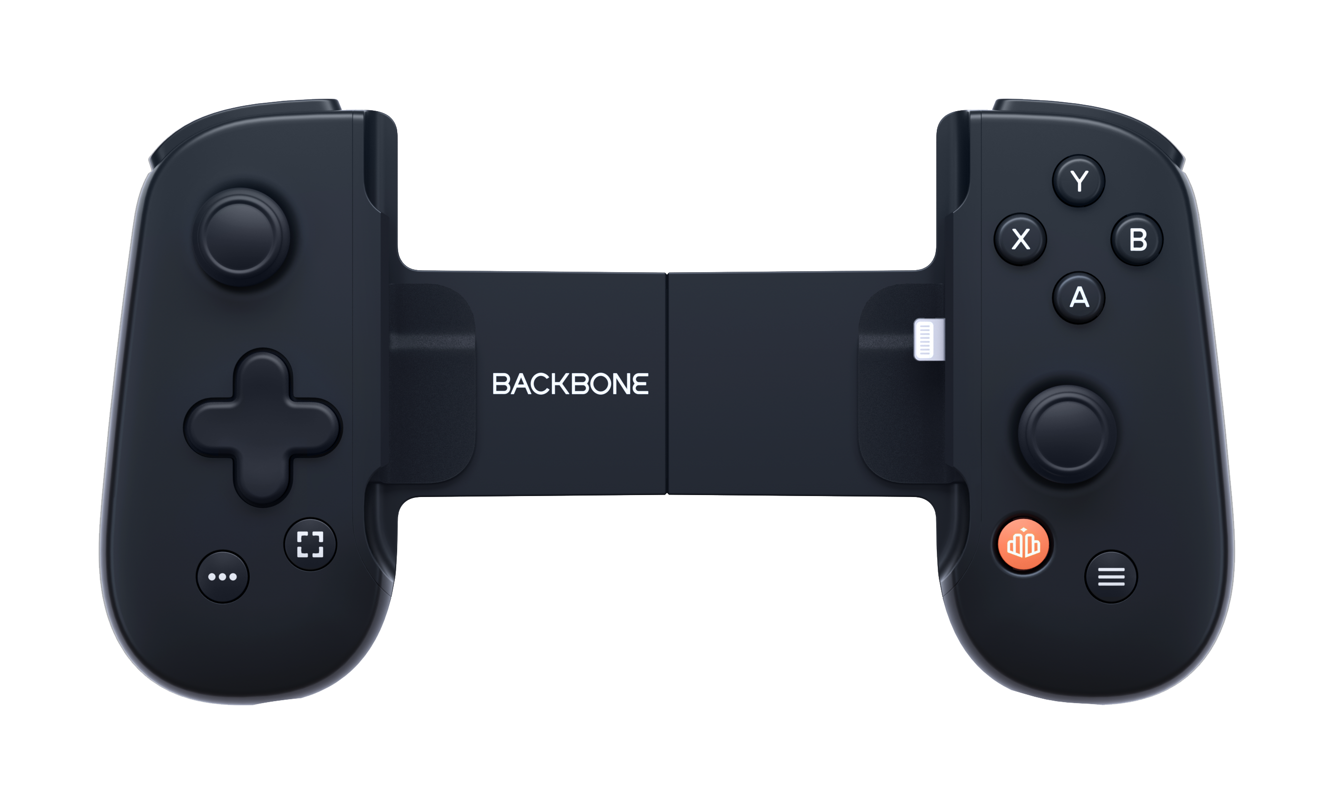 Zwarte Backbone-controller. Knoppen zijn zichtbaar. Het Backbone-logo staat in het midden. Zwarte achtergrond.