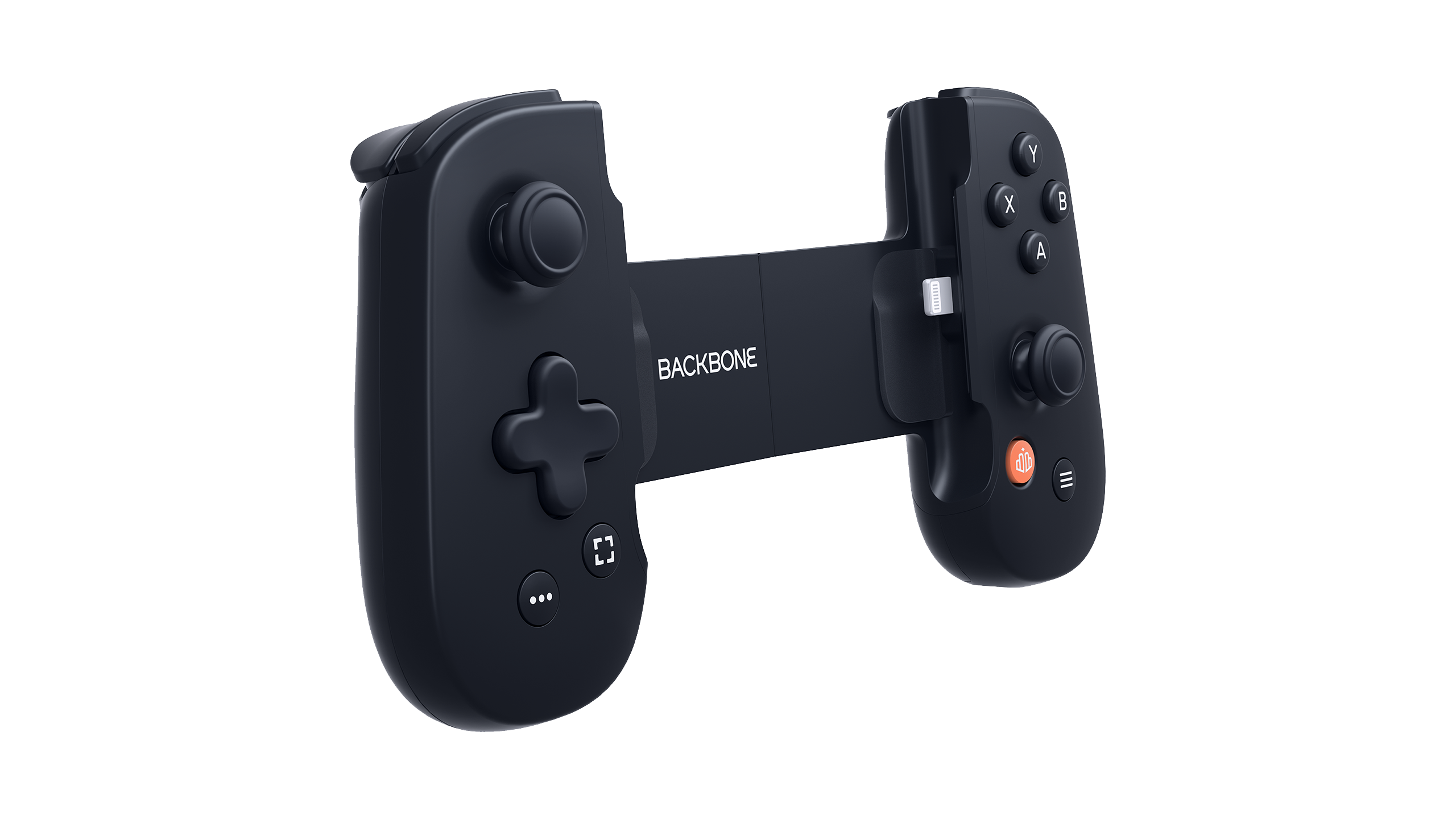 Zwarte Backbone-controller op zwarte achtergrond. D-pad, knoppen en logo zichtbaar.