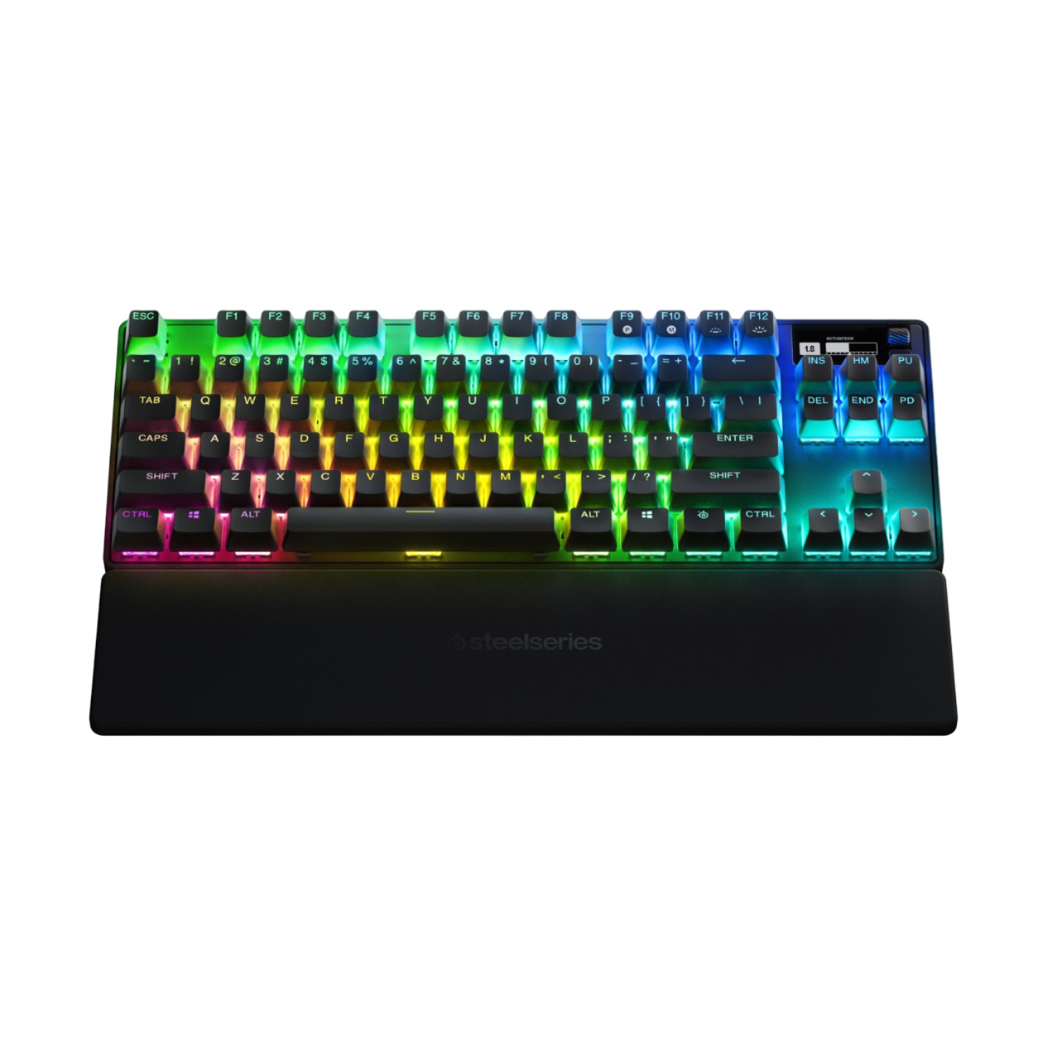 Klawiatura RGB z podpórką pod nadgarstki. Tekst: Klawiatura SteelSeries z kolorowymi podświetlanymi klawiszami.