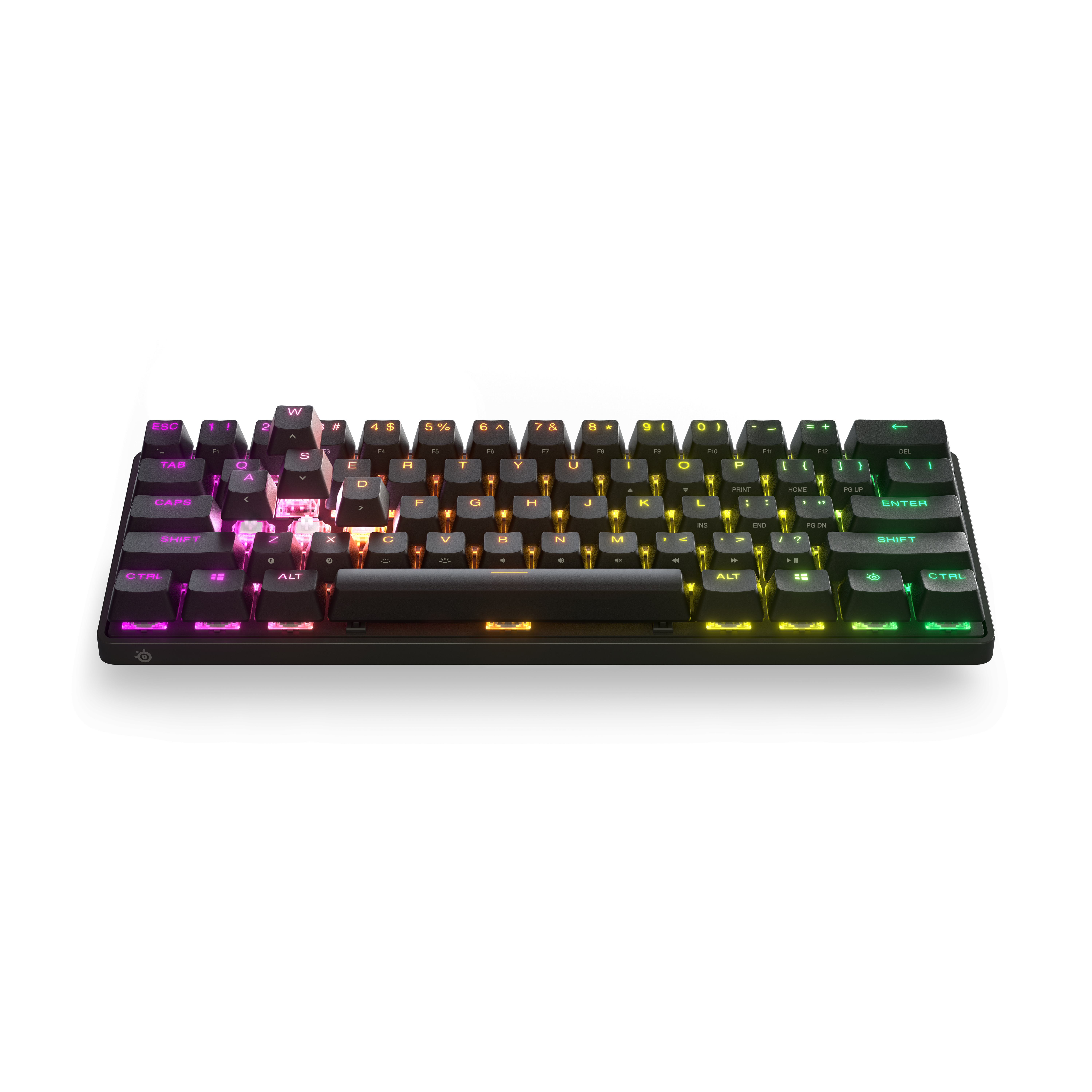 Un teclado para juegos negro de perfil bajo con iluminación RGB, que muestra teclas y símbolos, sobre un fondo blanco.
