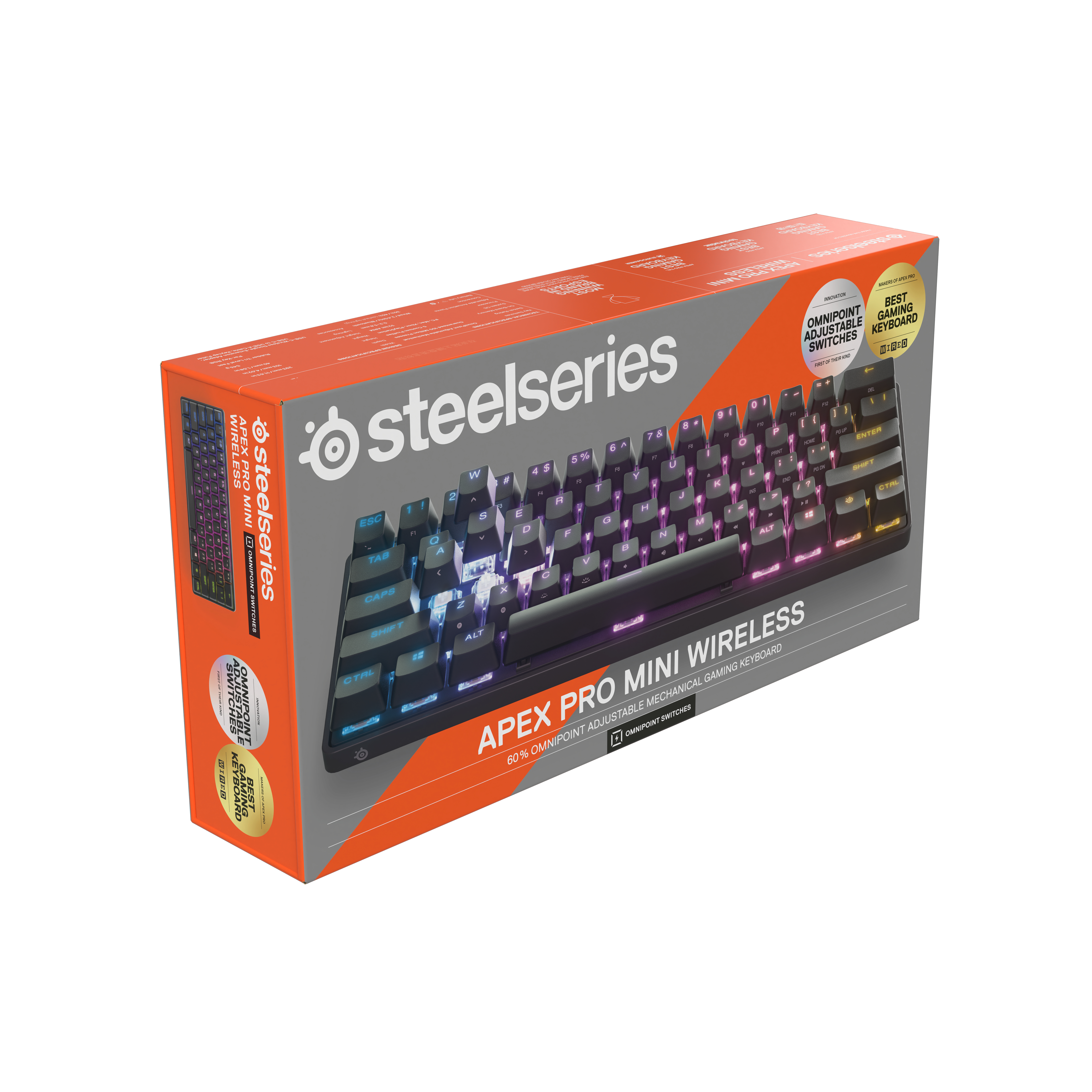 Caja del teclado Apex Pro Mini Wireless. Muestra el diseño del teclado y las funciones.