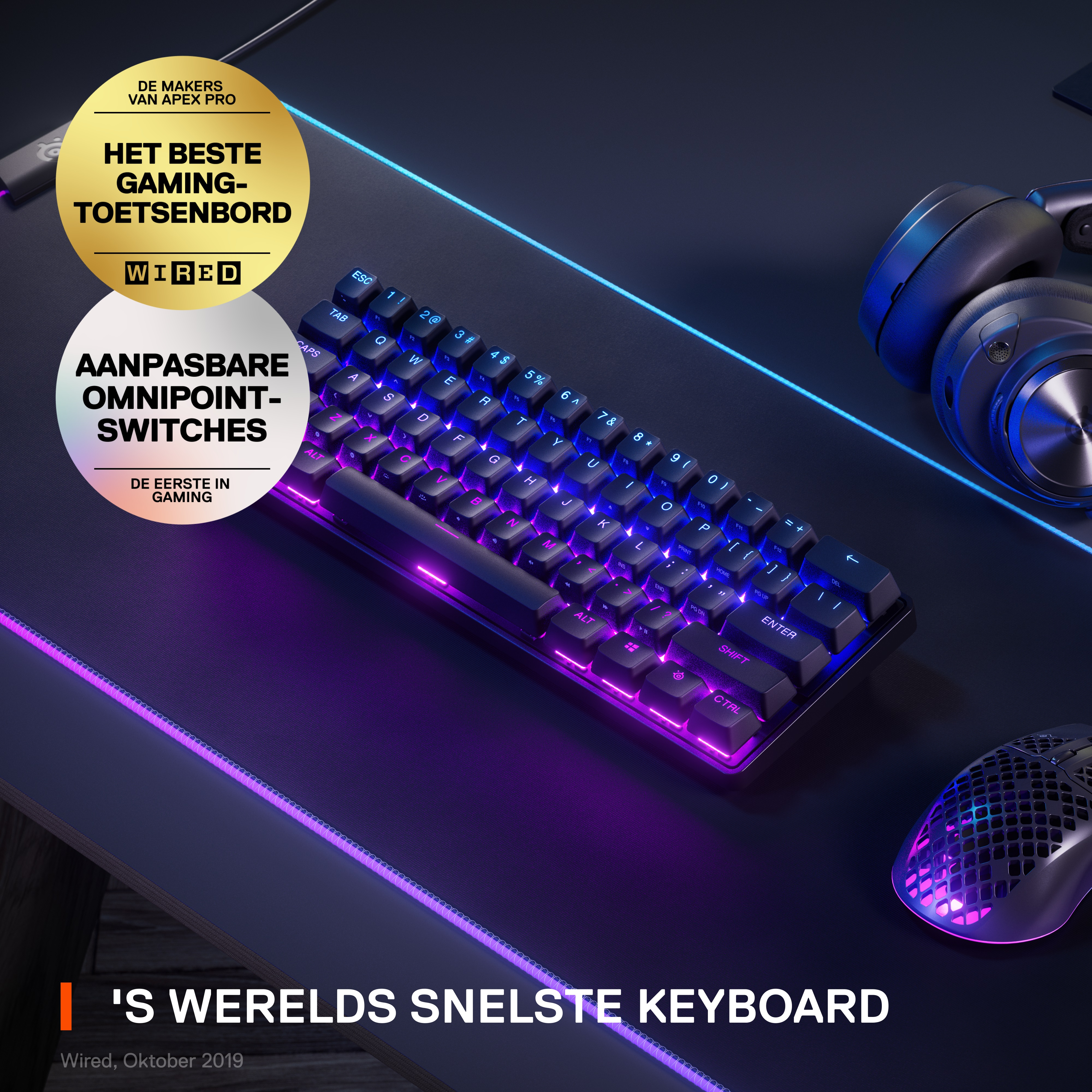 Teclado y ratón gaming en un escritorio. Texto: El mejor teclado gaming. Interruptores personalizables.