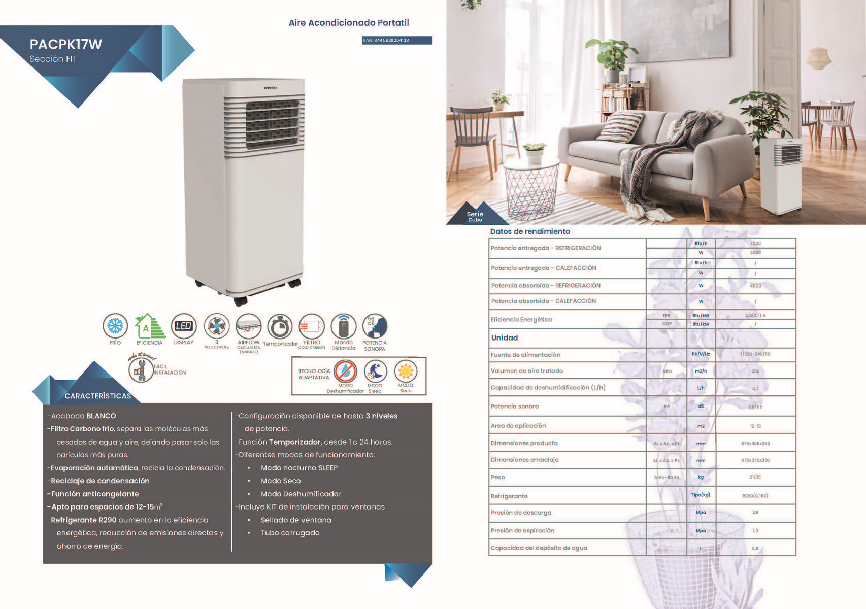 Aire acondicionado portátil blanco con diagramas y texto en español.