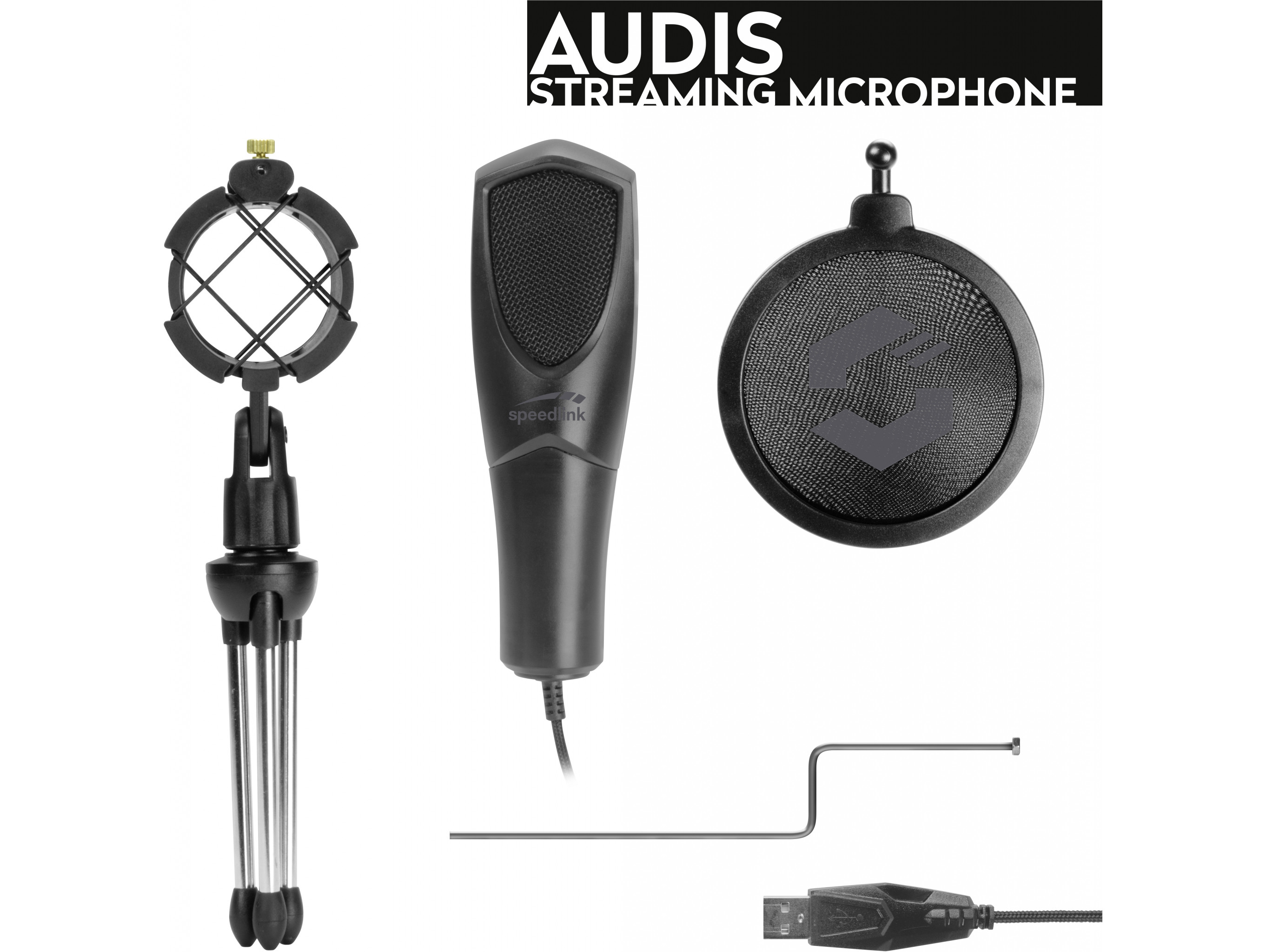 Een streaming microfoonopstelling met statief, microfoon, popfilter en een USB-kabel. De achtergrond is wit.