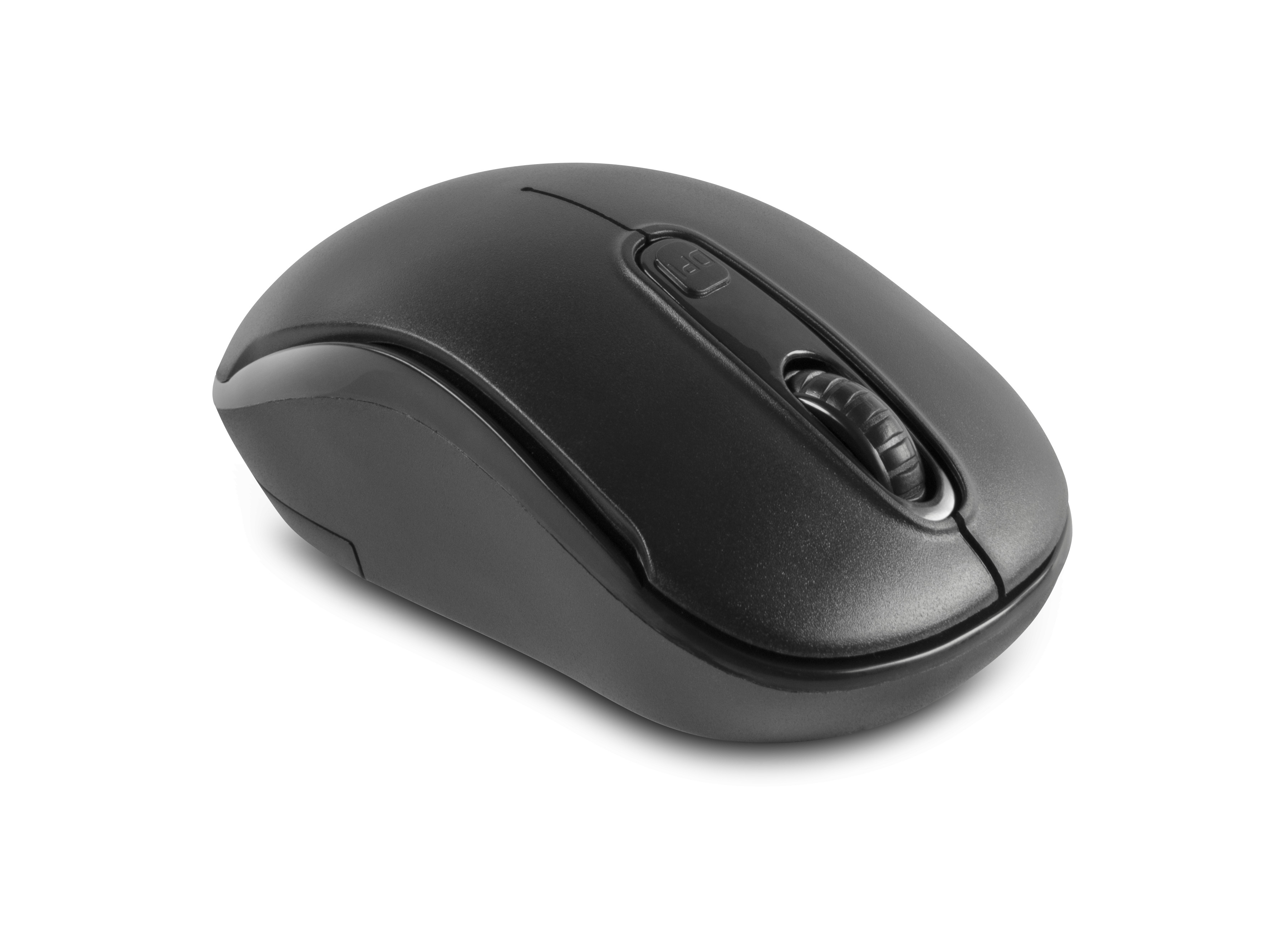 Czarna mysz komputerowa z kółkiem i przyciskami na białym tle.
